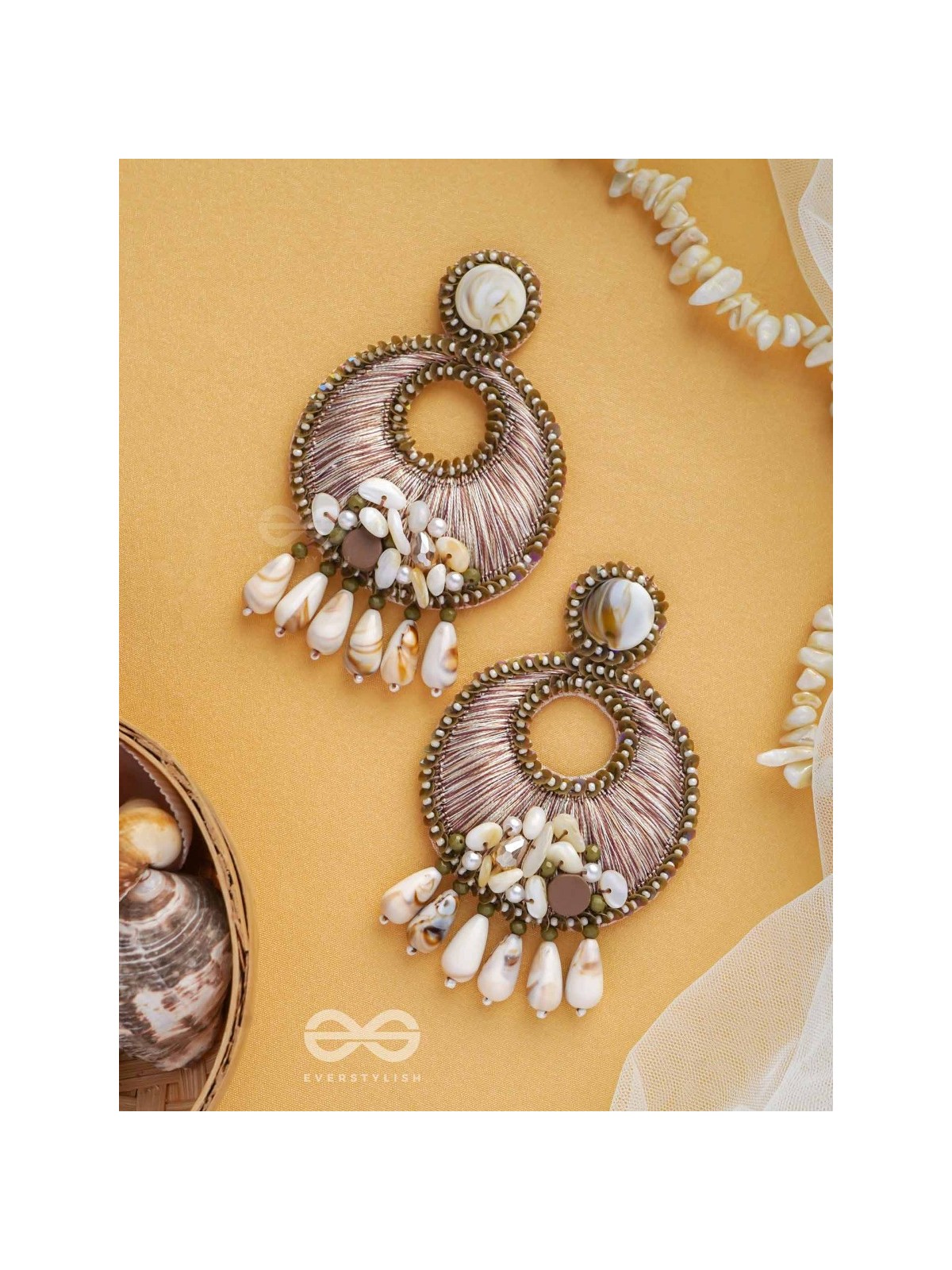 DHARANIKA - THE EARTHY HUES - RESHAM, BEADS & SHELL DROP EMBROIDERED EARRINGS