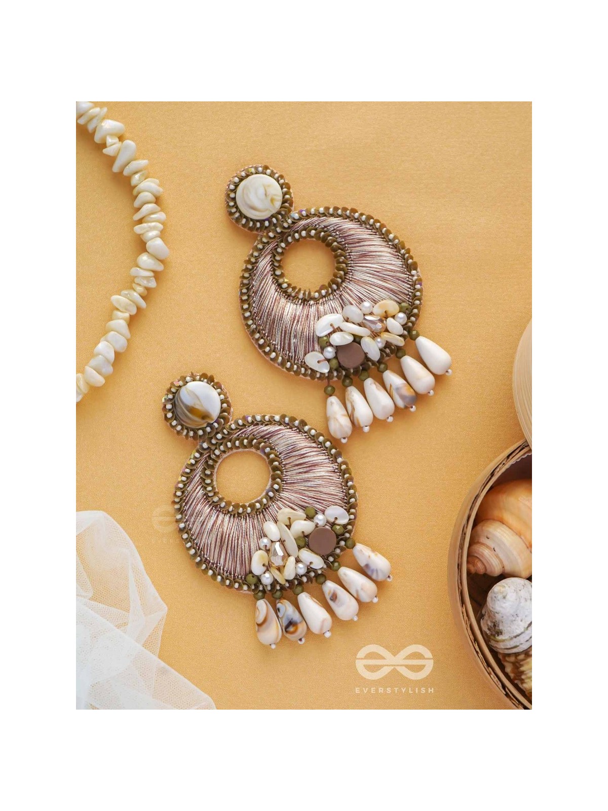 DHARANIKA - THE EARTHY HUES - RESHAM, BEADS & SHELL DROP EMBROIDERED EARRINGS