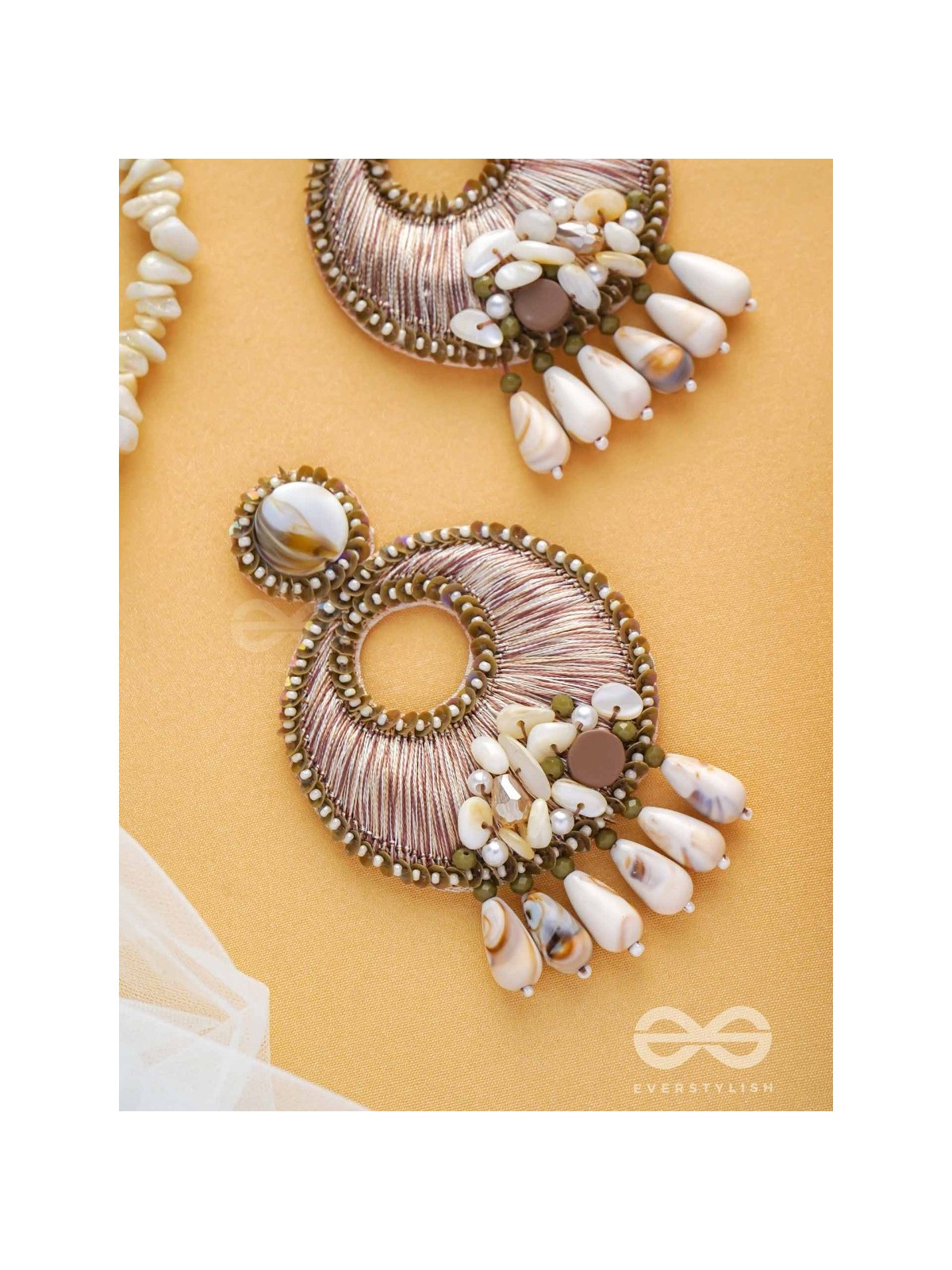 DHARANIKA - THE EARTHY HUES - RESHAM, BEADS & SHELL DROP EMBROIDERED EARRINGS