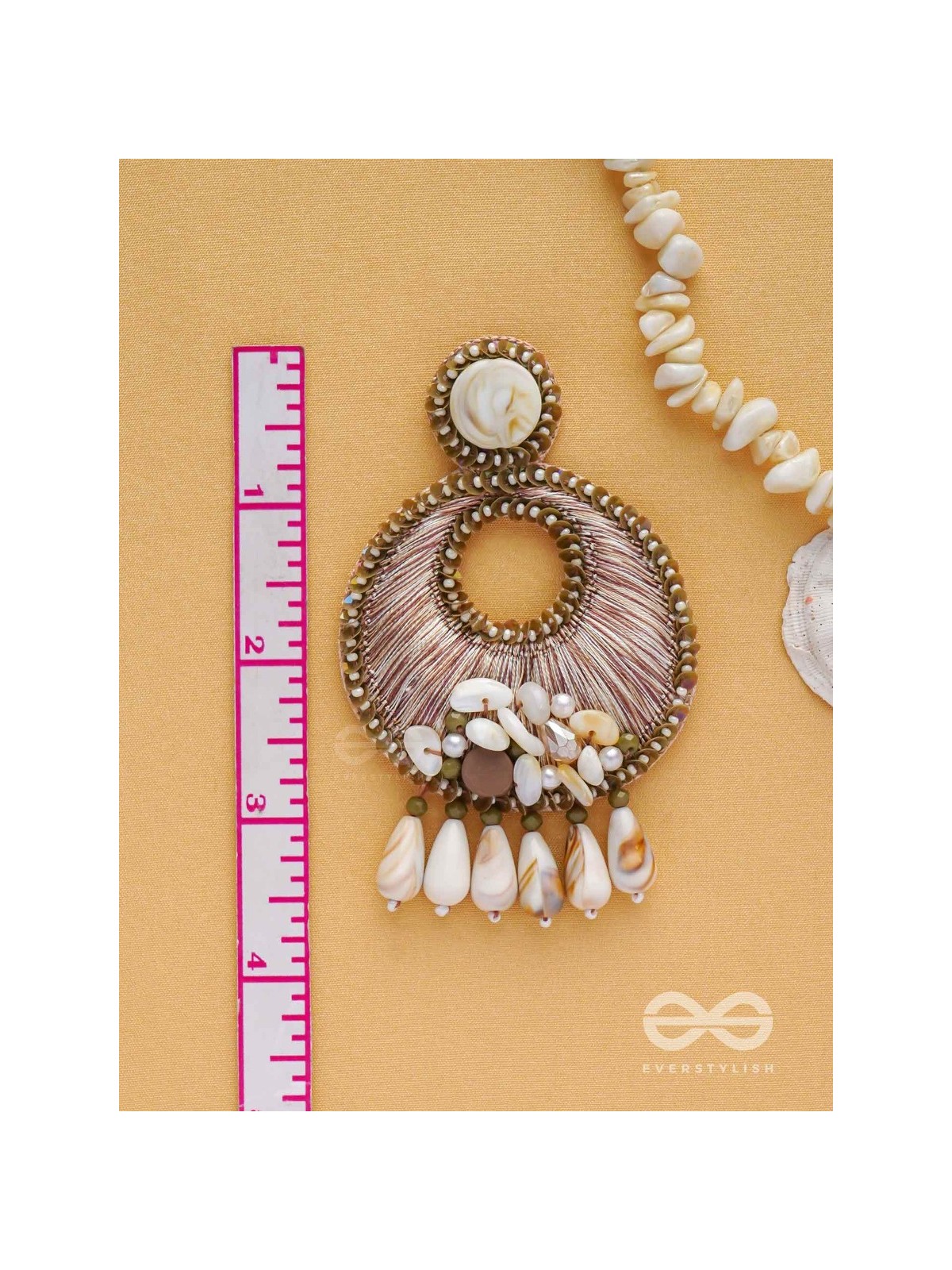 DHARANIKA - THE EARTHY HUES - RESHAM, BEADS & SHELL DROP EMBROIDERED EARRINGS