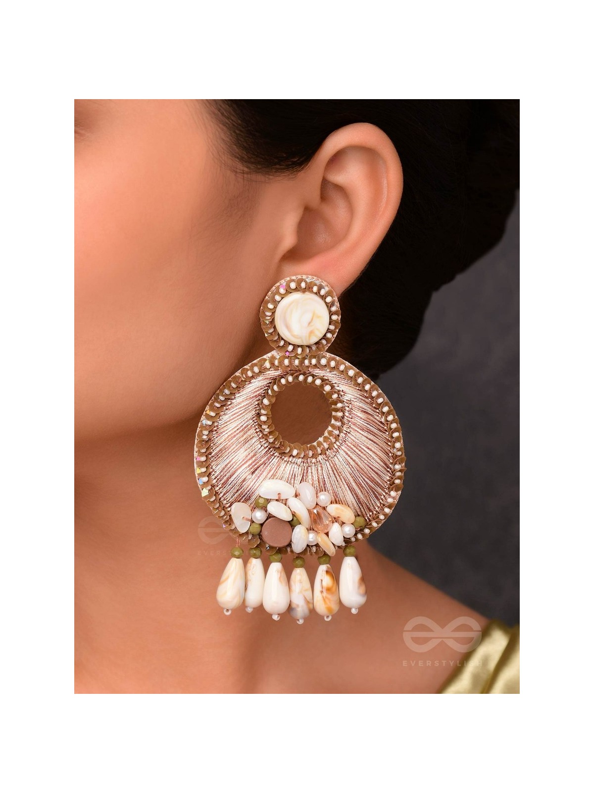 DHARANIKA - THE EARTHY HUES - RESHAM, BEADS & SHELL DROP EMBROIDERED EARRINGS