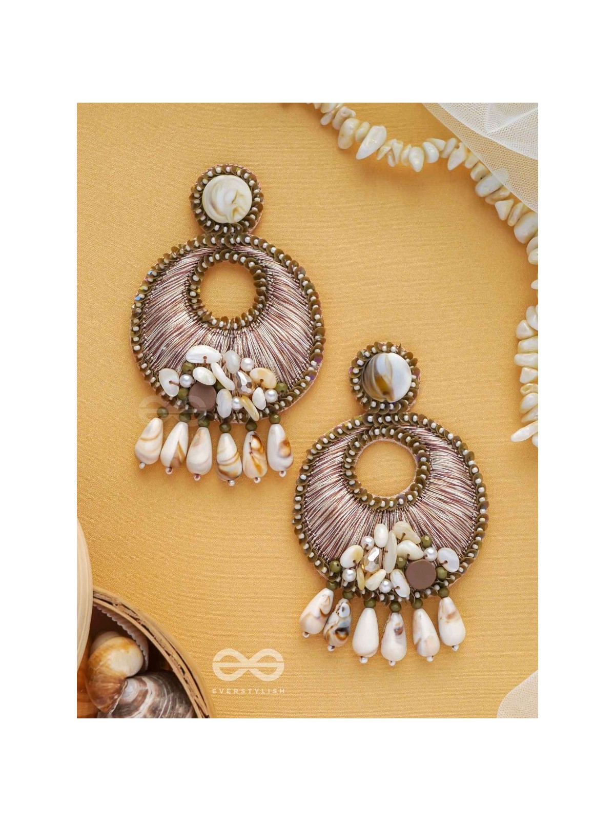 DHARANIKA - THE EARTHY HUES - RESHAM, BEADS & SHELL DROP EMBROIDERED EARRINGS
