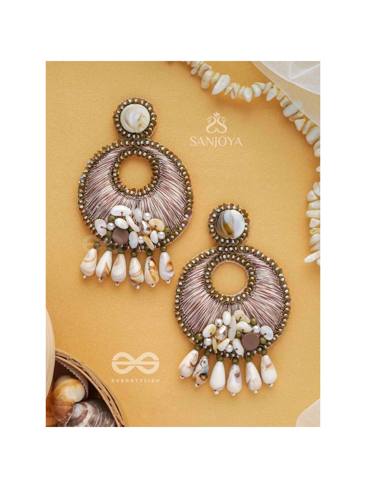 DHARANIKA - THE EARTHY HUES - RESHAM, BEADS & SHELL DROP EMBROIDERED EARRINGS