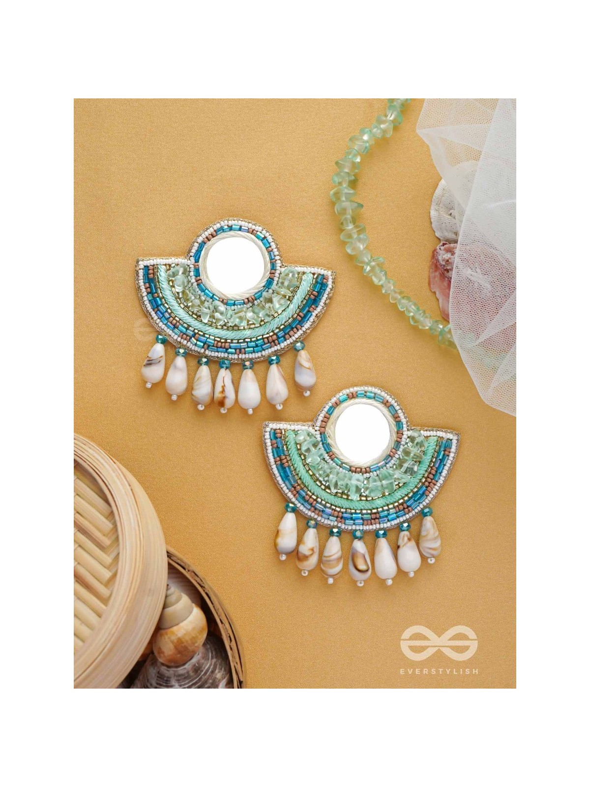 Sagarini - The Aquatic Gleam - Mirror, Sequins, Shell Drop And Beads Hand Embroidered Earrings (Blue)