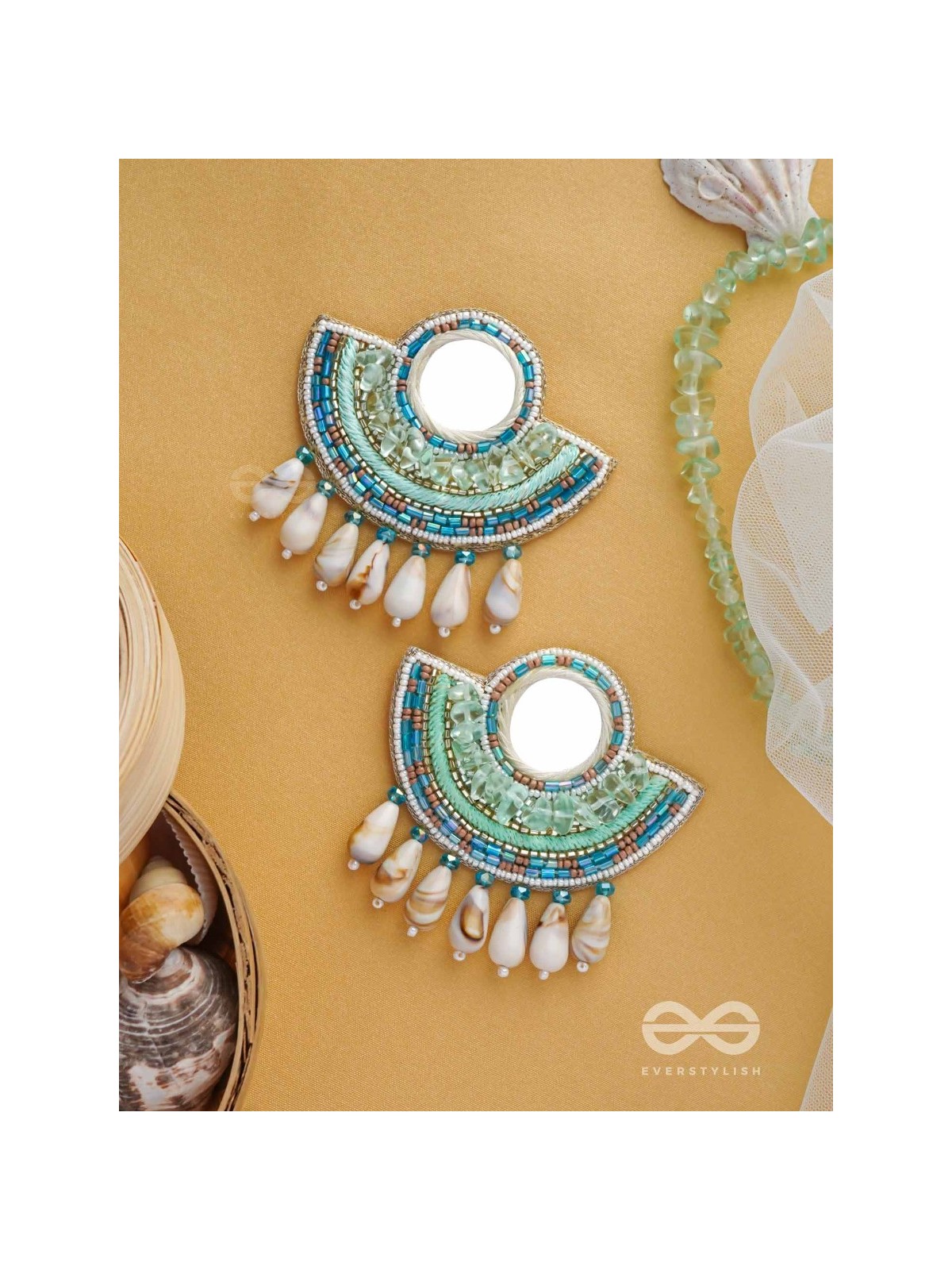 Sagarini - The Aquatic Gleam - Mirror, Sequins, Shell Drop And Beads Hand Embroidered Earrings (Blue)