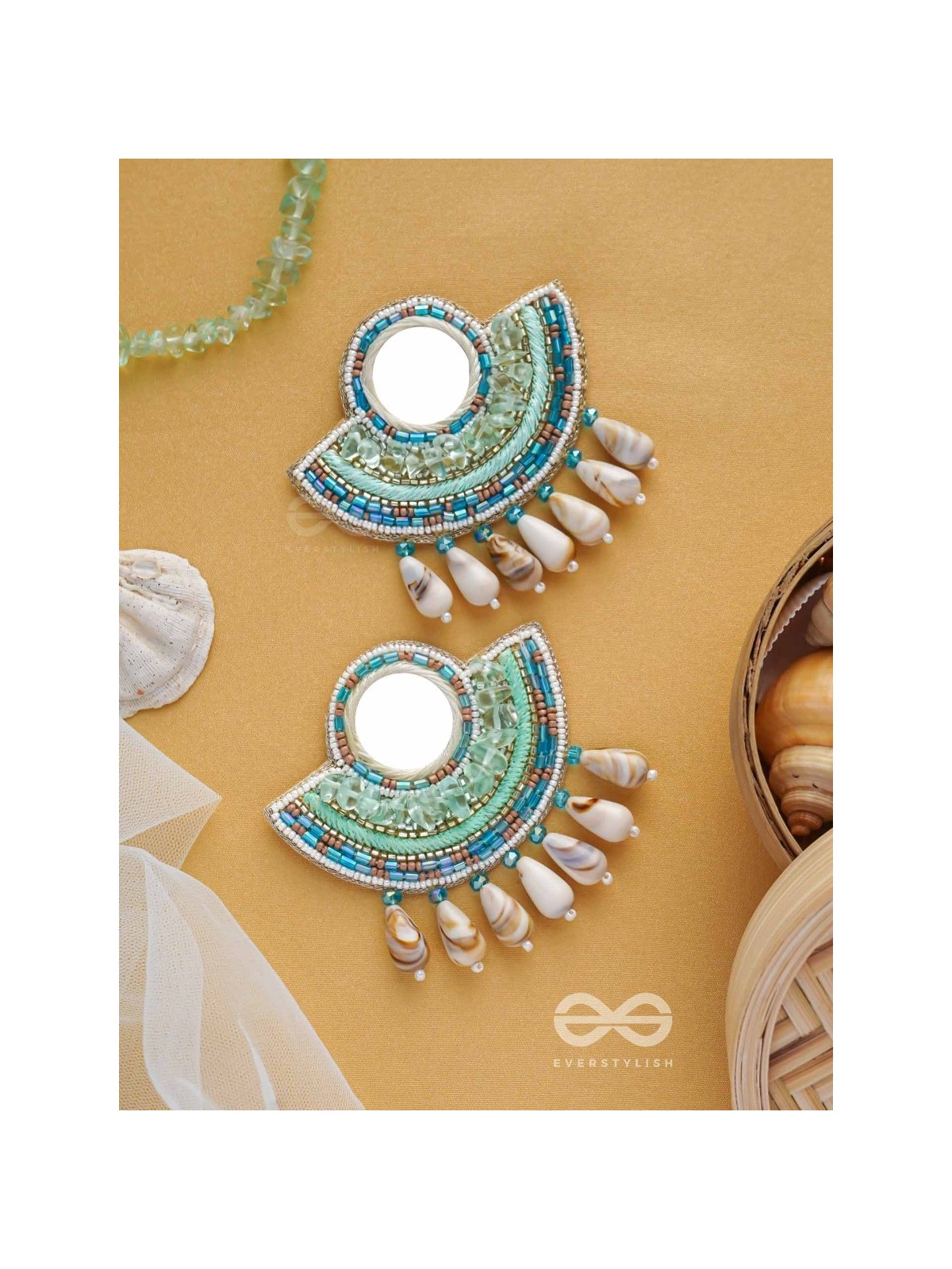 Sagarini - The Aquatic Gleam - Mirror, Sequins, Shell Drop And Beads Hand Embroidered Earrings (Blue)