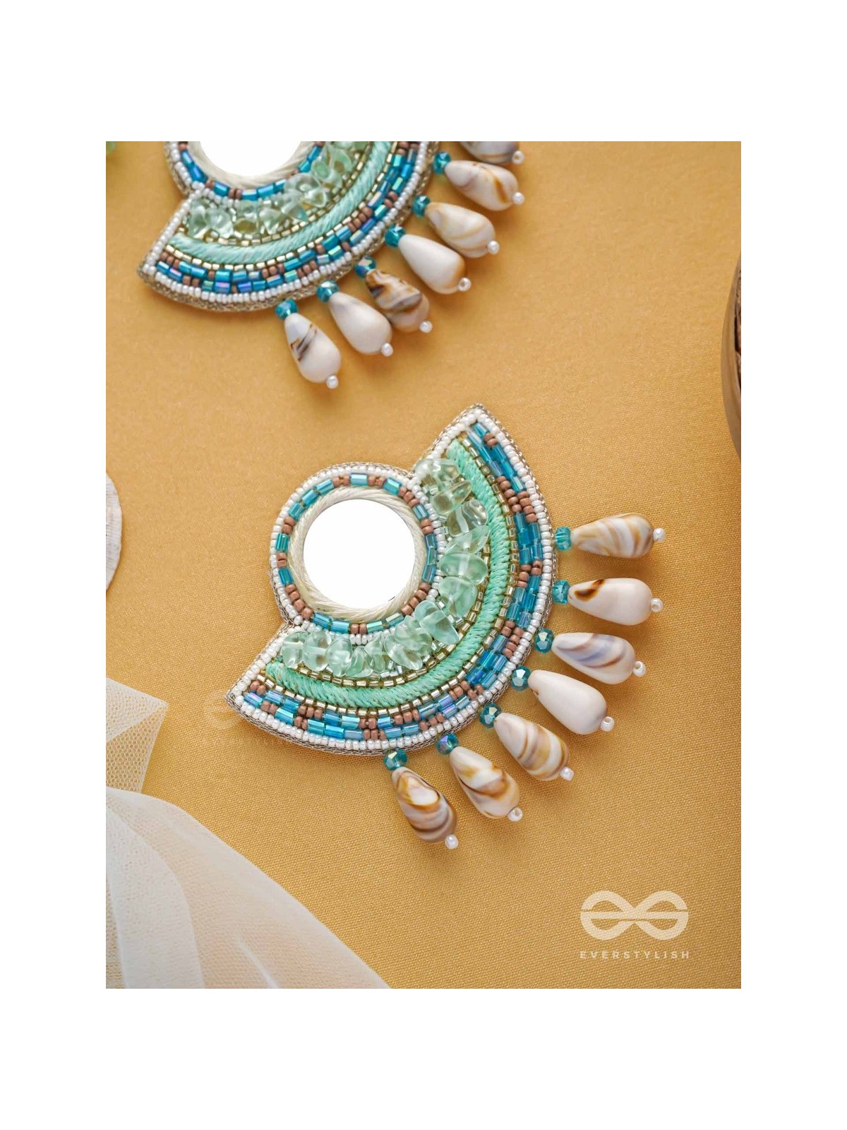 Sagarini - The Aquatic Gleam - Mirror, Sequins, Shell Drop And Beads Hand Embroidered Earrings (Blue)