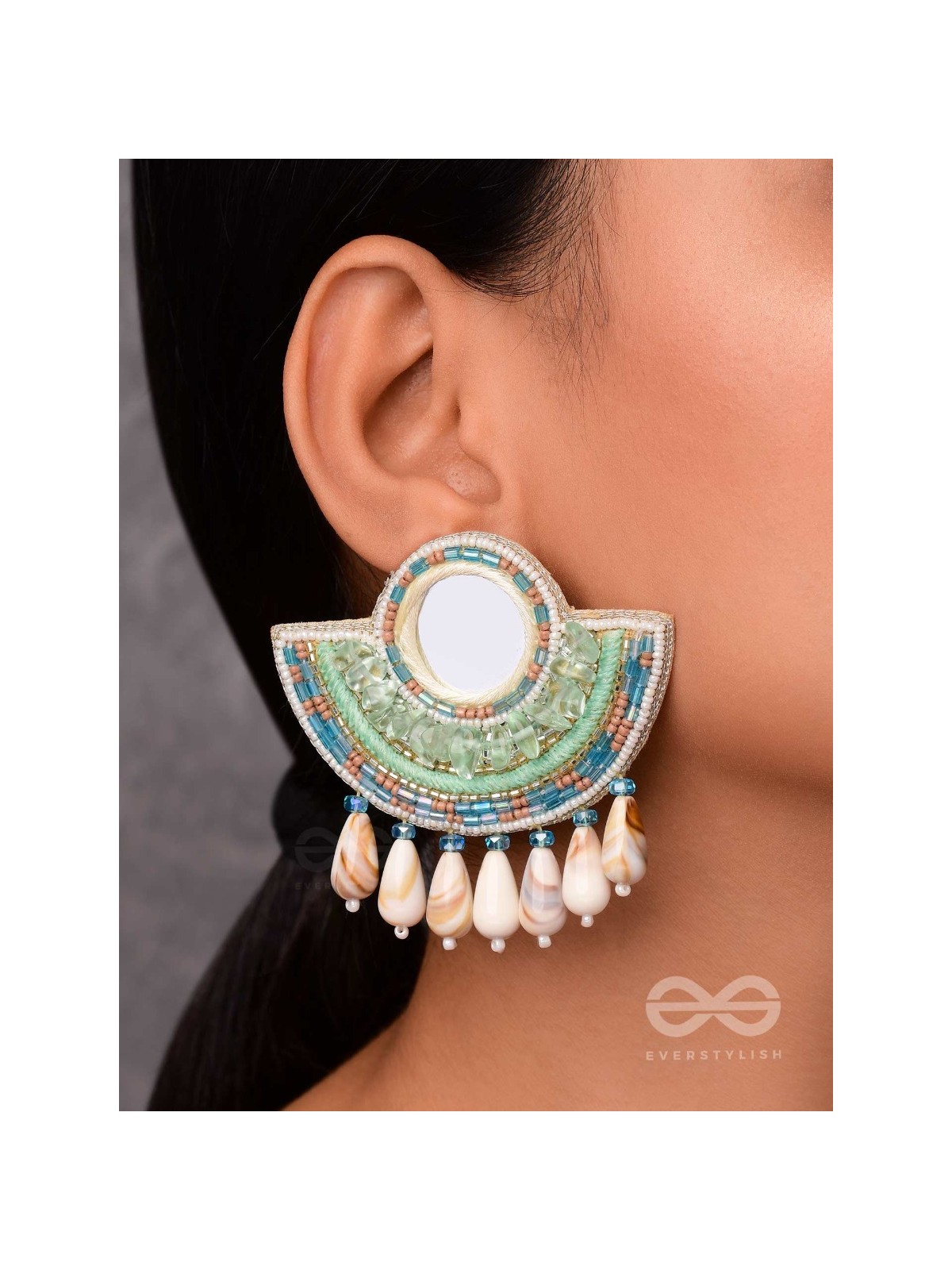 Sagarini - The Aquatic Gleam - Mirror, Sequins, Shell Drop And Beads Hand Embroidered Earrings (Blue)