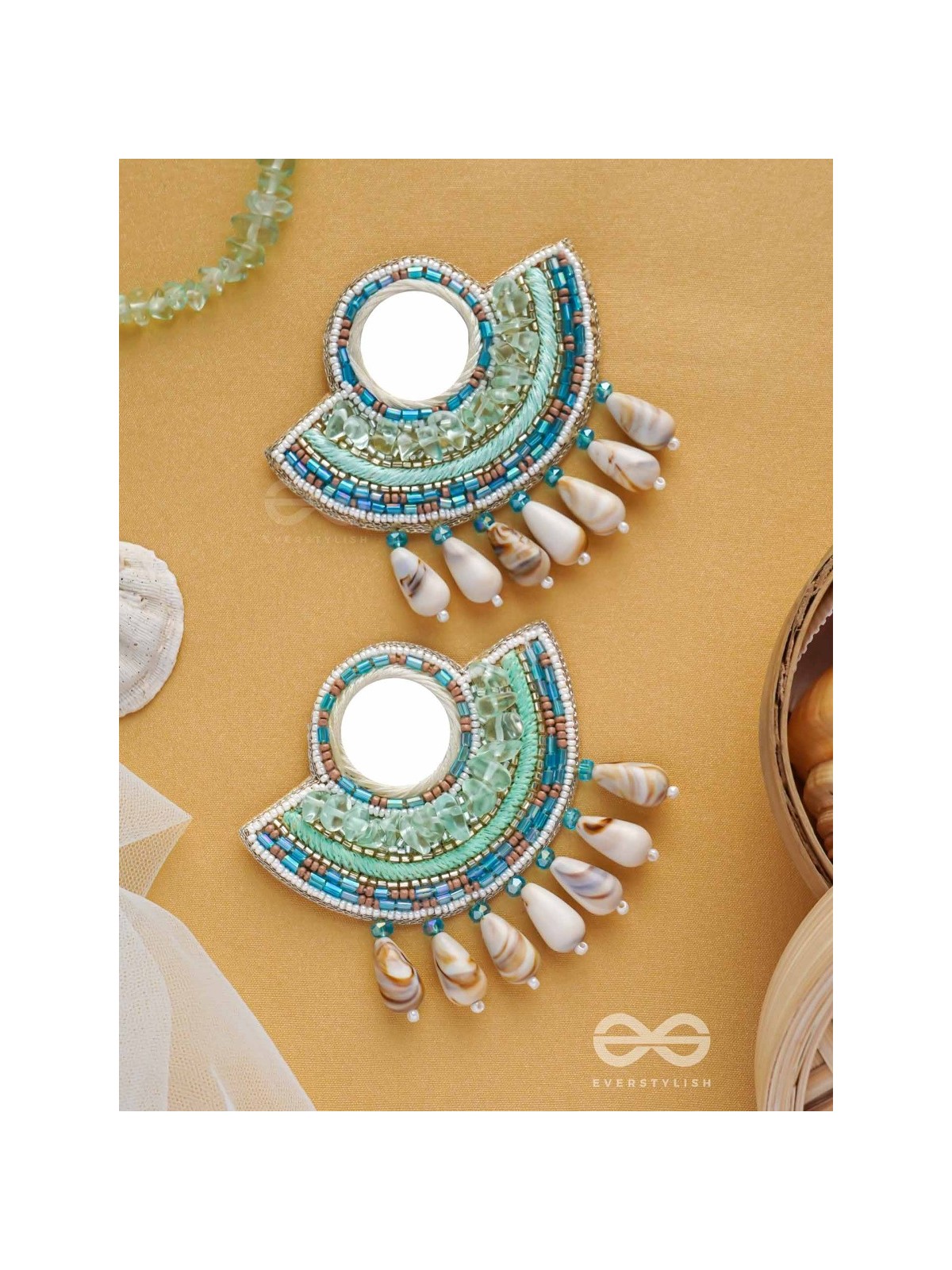 Sagarini - The Aquatic Gleam - Mirror, Sequins, Shell Drop And Beads Hand Embroidered Earrings (Blue)