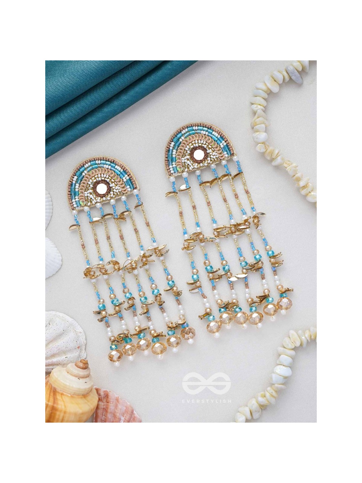Ambudhara - The Rainstream - Sequins, Beads And Mirror Hand Embroidered Earrings (Blue & Gold)