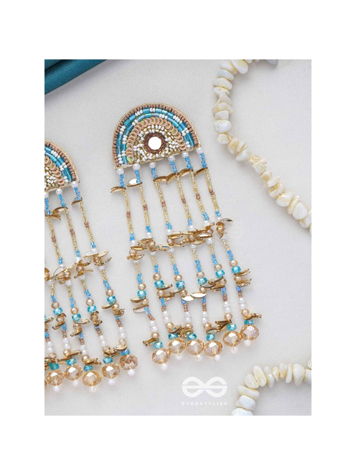 Ambudhara - The Rainstream - Sequins, Beads And Mirror Hand Embroidered Earrings (Blue & Gold)