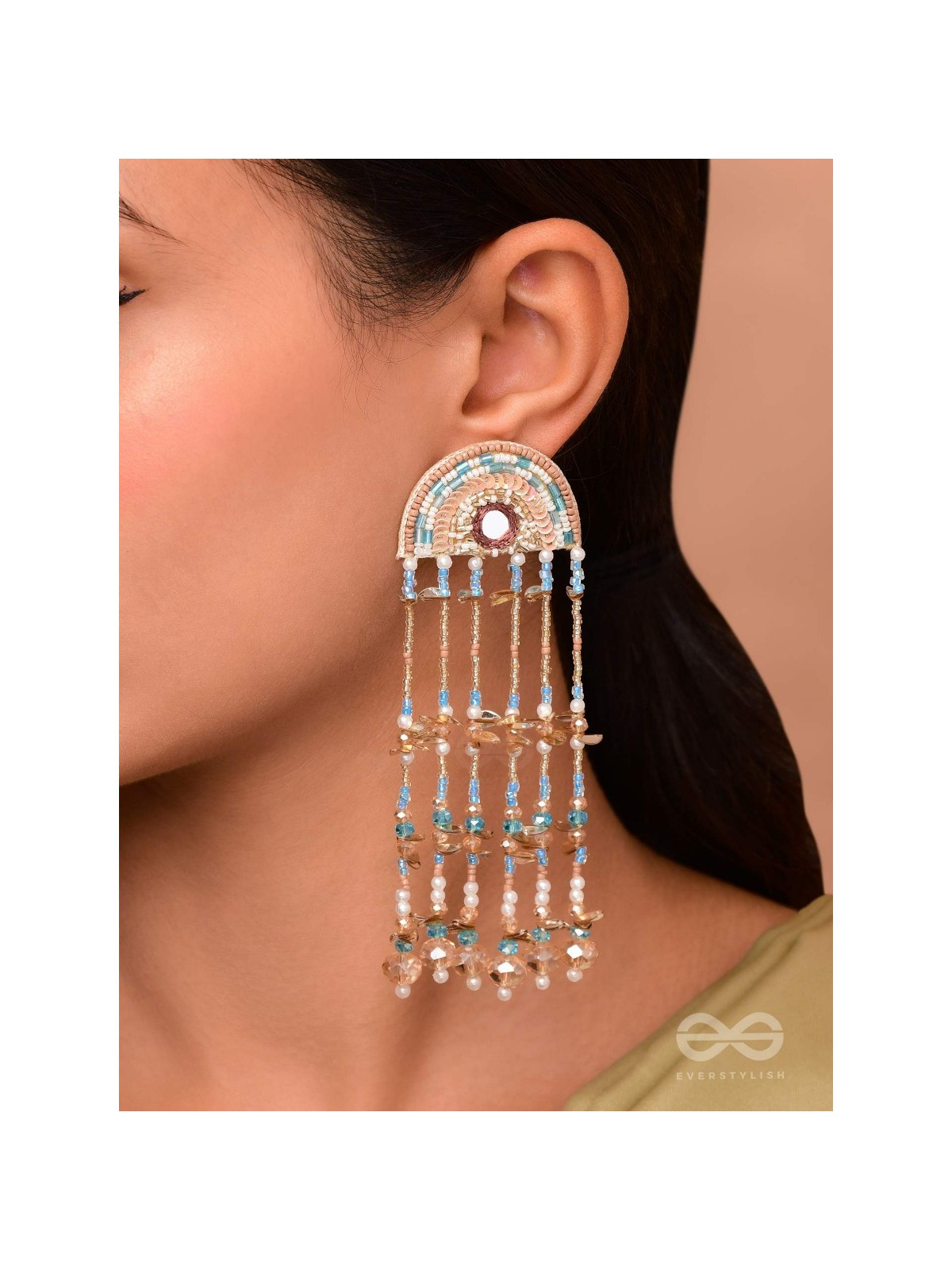Ambudhara - The Rainstream - Sequins, Beads And Mirror Hand Embroidered Earrings (Blue & Gold)