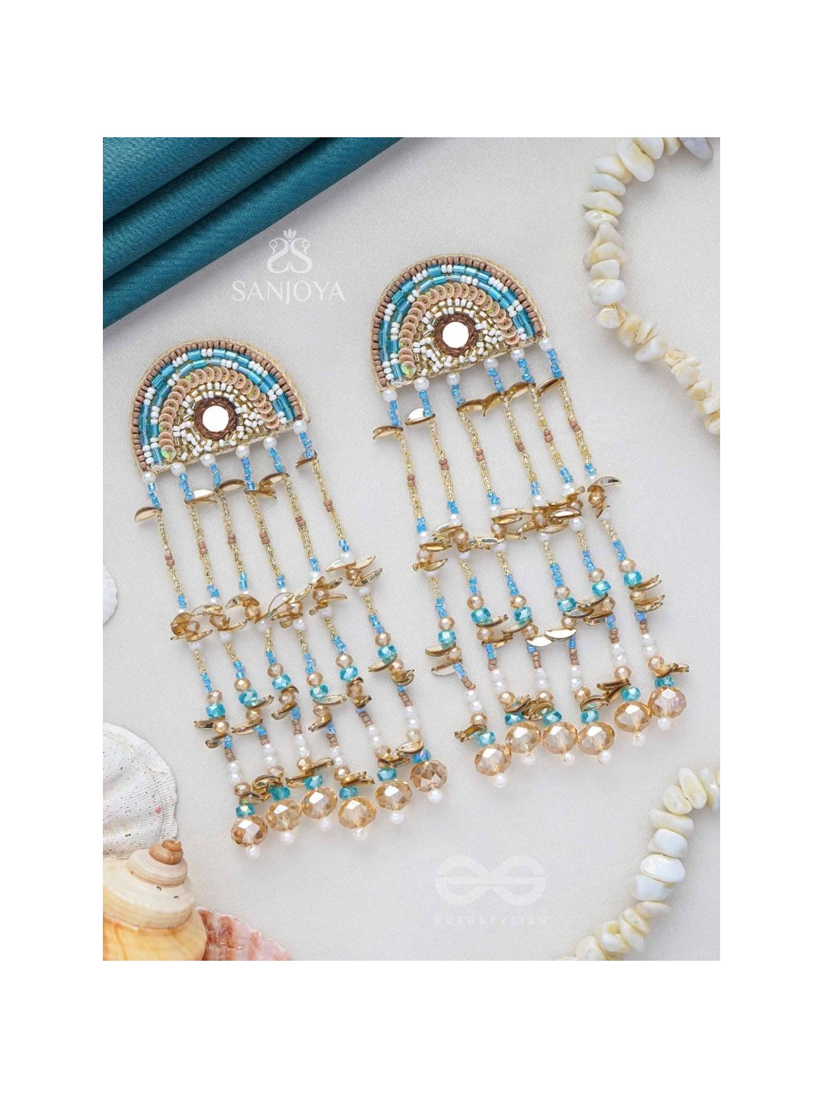 Ambudhara - The Rainstream - Sequins, Beads And Mirror Hand Embroidered Earrings (Blue & Gold)