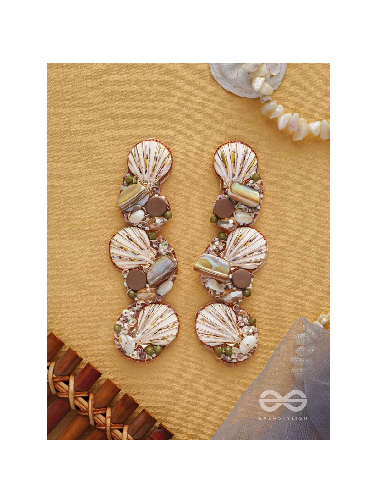 Nishkalmsa - The Beach Nirvana - Shell, Beads And Sequins Hand Embroidered Earrings