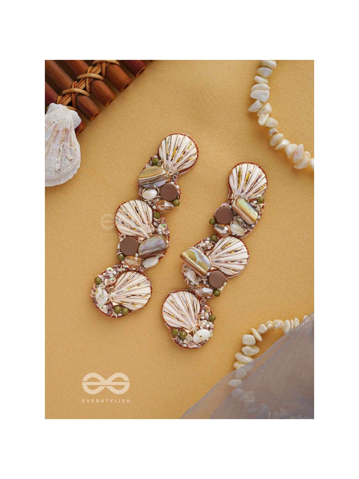 Nishkalmsa - The Beach Nirvana - Shell, Beads And Sequins Hand Embroidered Earrings