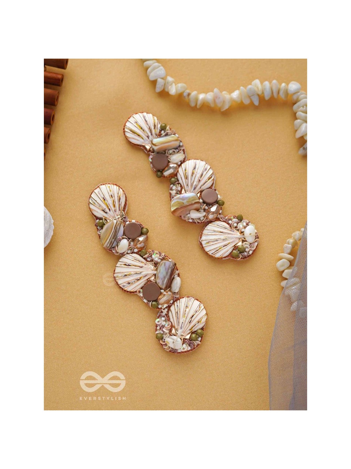 Nishkalmsa - The Beach Nirvana - Shell, Beads And Sequins Hand Embroidered Earrings