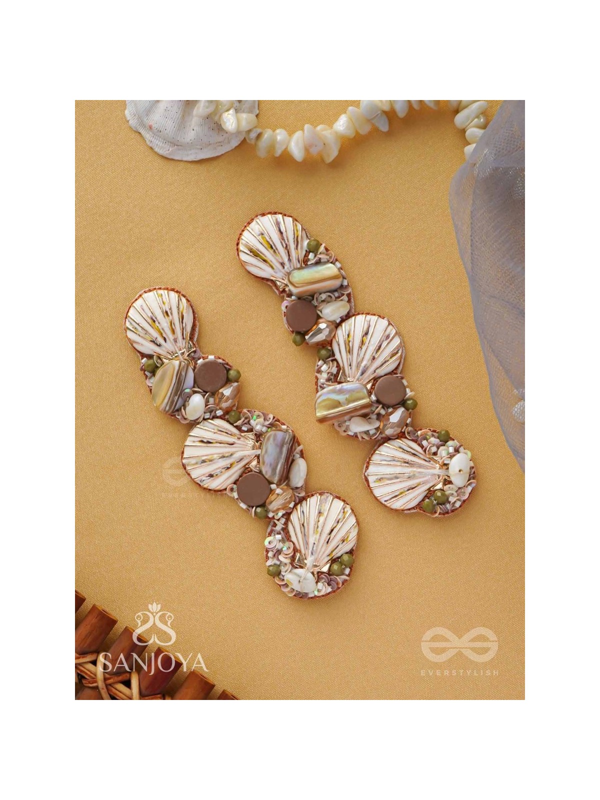 Nishkalmsa - The Beach Nirvana - Shell, Beads And Sequins Hand Embroidered Earrings