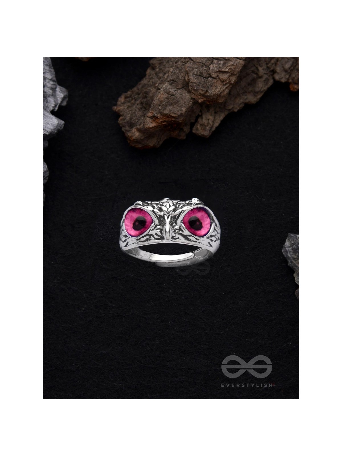 A KNOW-IT-OWL - PINK EYED SILVER RING