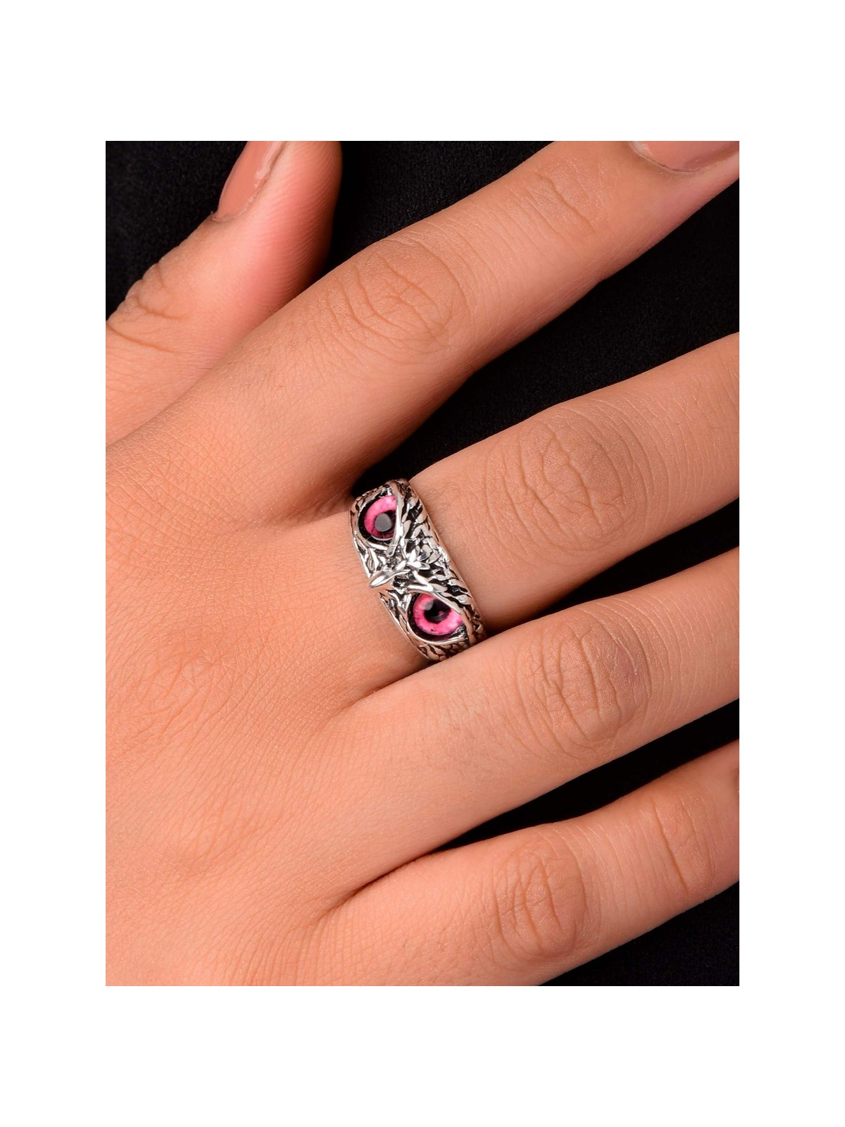 A KNOW-IT-OWL - PINK EYED SILVER RING