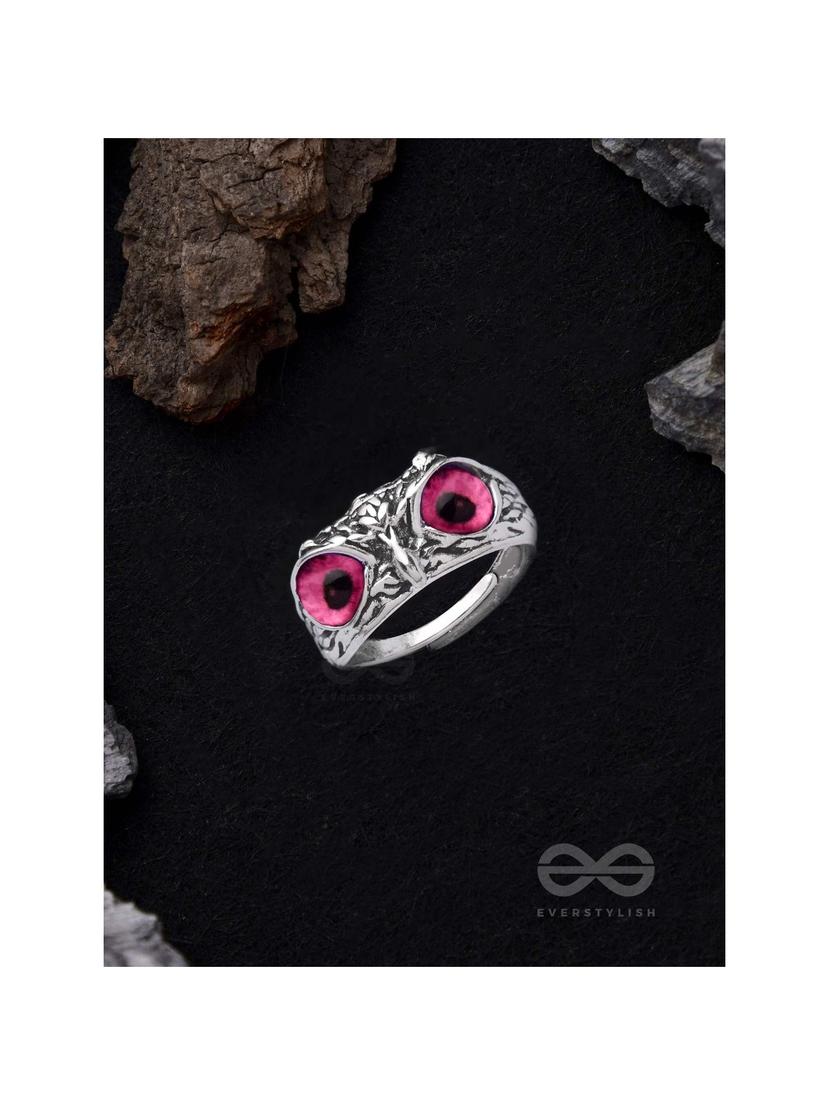 A KNOW-IT-OWL - PINK EYED SILVER RING