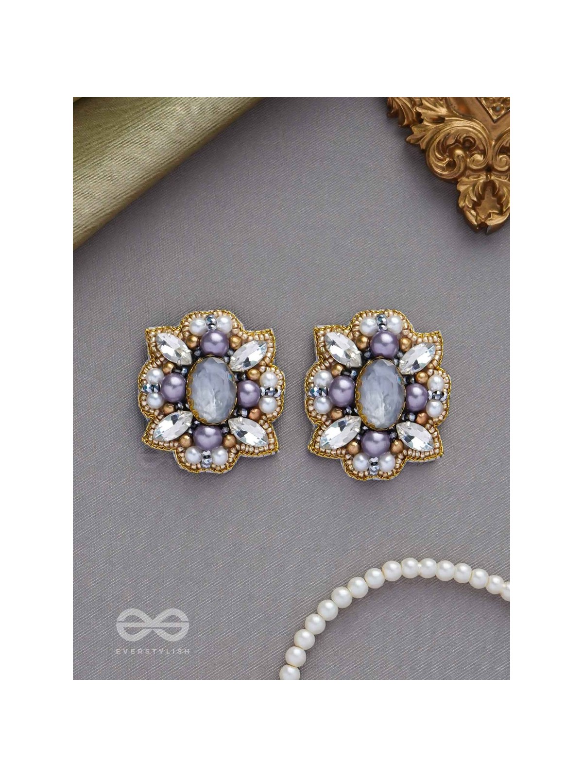 CHANDRAVALLI - THE SMOKY MOON - STONE, PEARLS AND BEADS EMBROIDERED EARRINGS (GRAY)