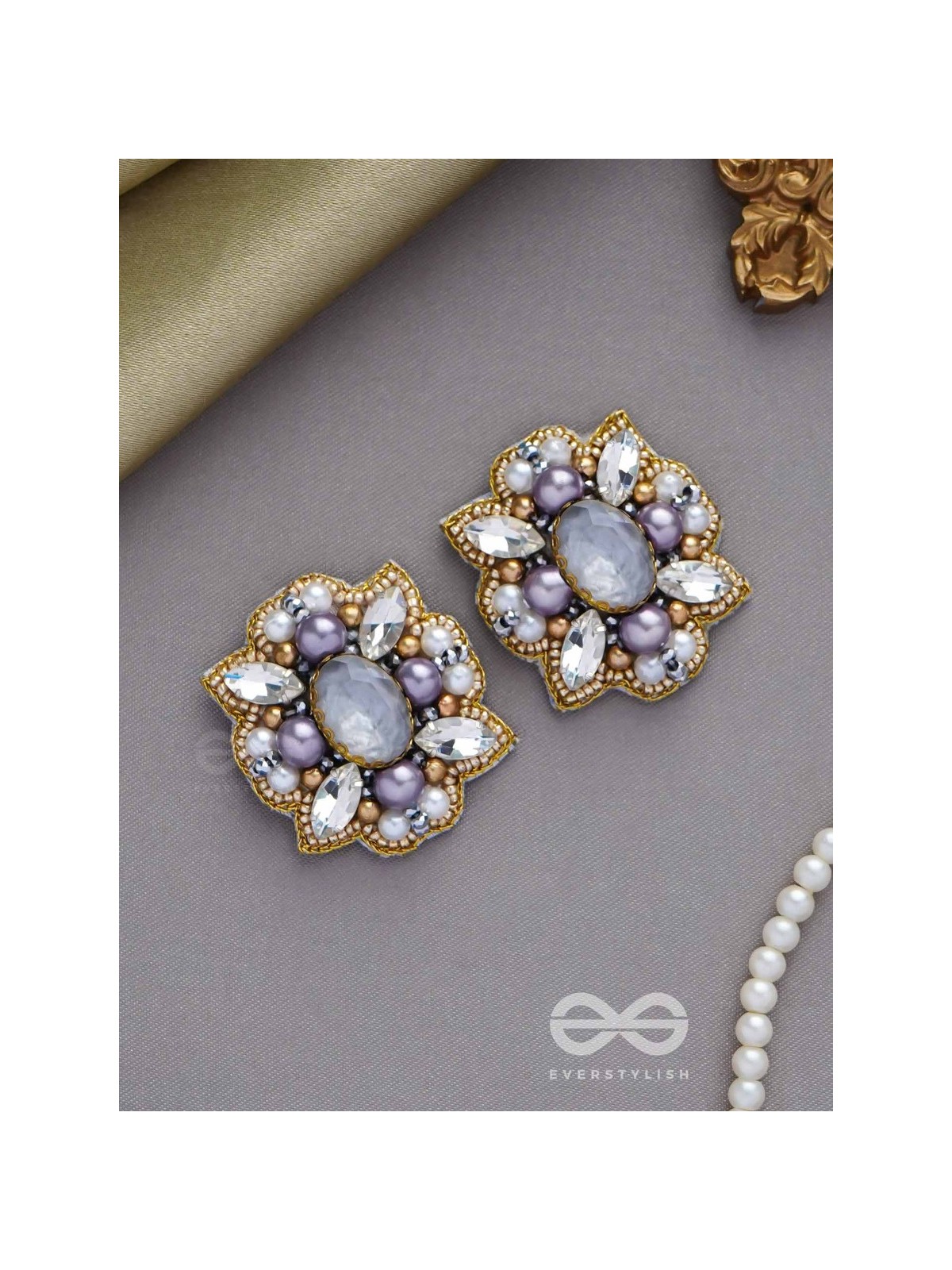 CHANDRAVALLI - THE SMOKY MOON - STONE, PEARLS AND BEADS EMBROIDERED EARRINGS (GRAY)