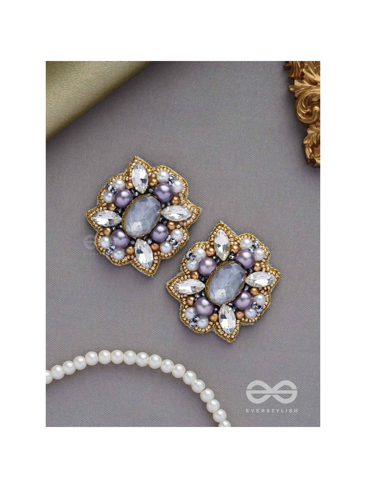 CHANDRAVALLI - THE SMOKY MOON - STONE, PEARLS AND BEADS EMBROIDERED EARRINGS (GRAY)