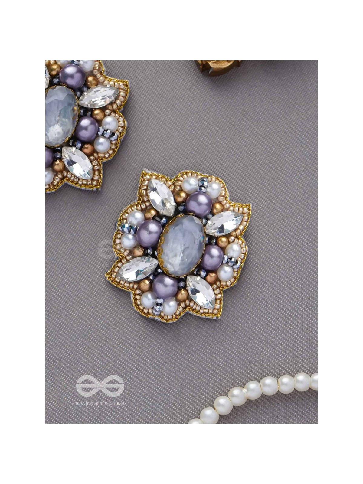 CHANDRAVALLI - THE SMOKY MOON - STONE, PEARLS AND BEADS EMBROIDERED EARRINGS (GRAY)
