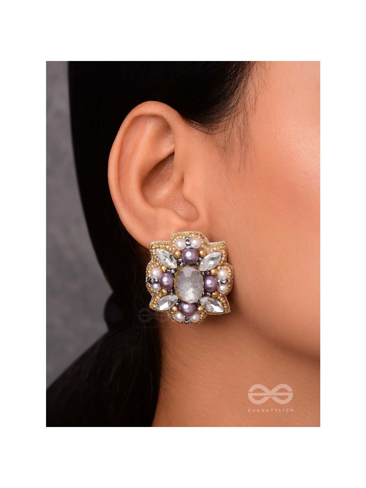 CHANDRAVALLI - THE SMOKY MOON - STONE, PEARLS AND BEADS EMBROIDERED EARRINGS (GRAY)