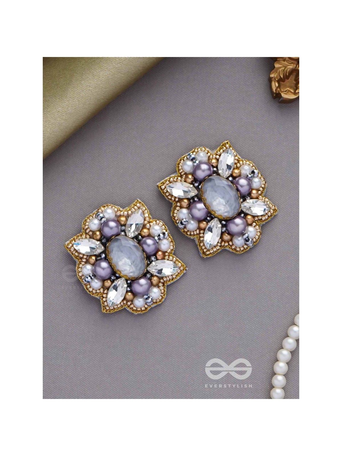 CHANDRAVALLI - THE SMOKY MOON - STONE, PEARLS AND BEADS EMBROIDERED EARRINGS (GRAY)