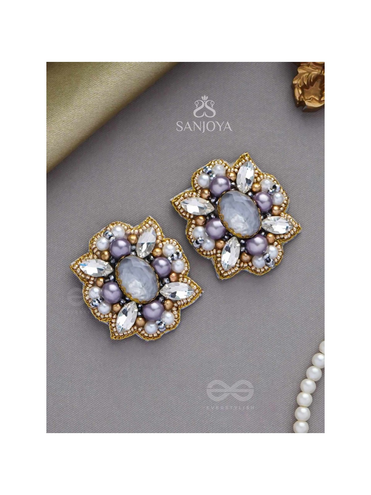 CHANDRAVALLI - THE SMOKY MOON - STONE, PEARLS AND BEADS EMBROIDERED EARRINGS (GRAY)