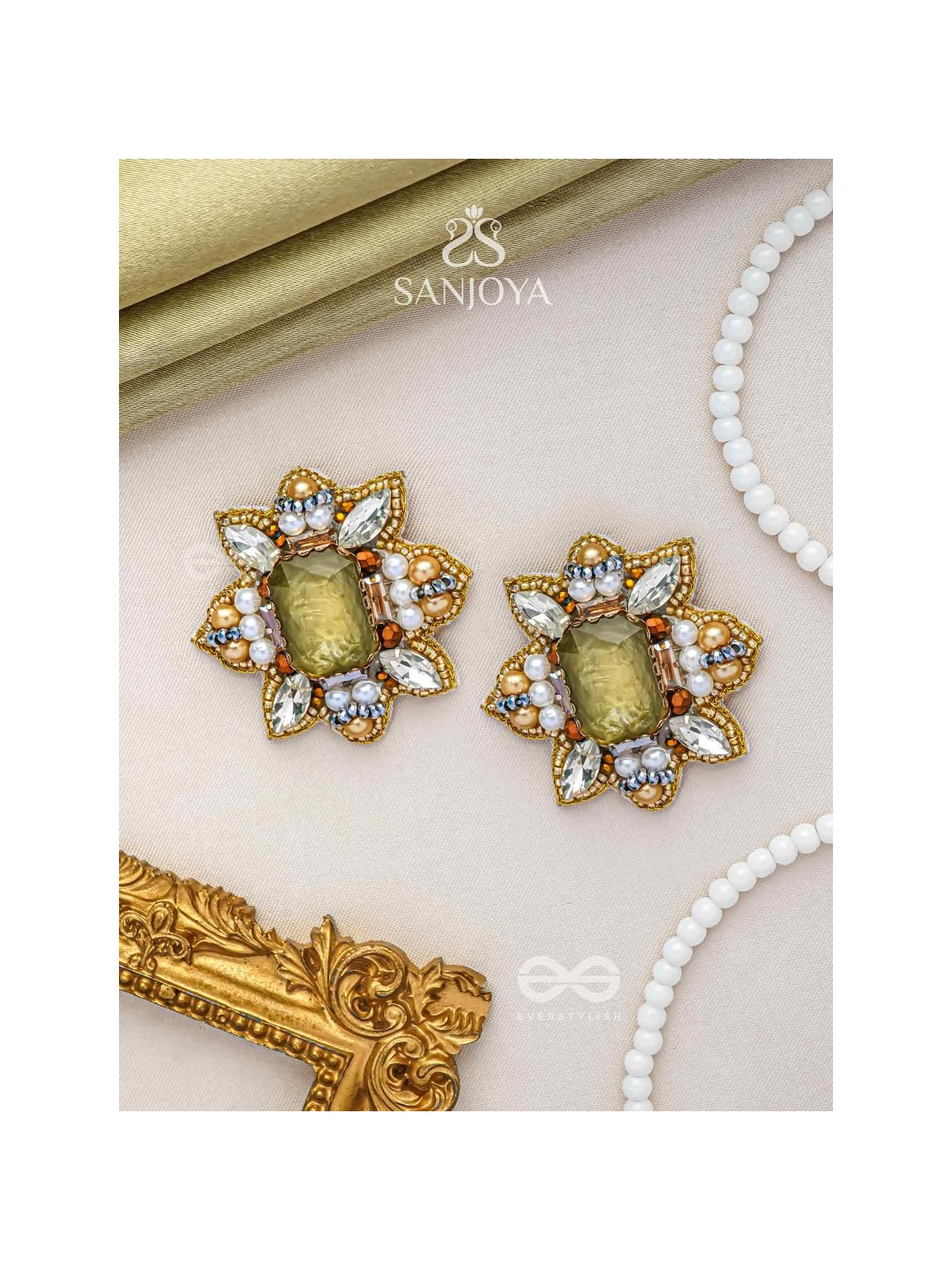 Dyauta -  Star Like Glow - Stone And Beads Hand Embroidered Stud Earrings