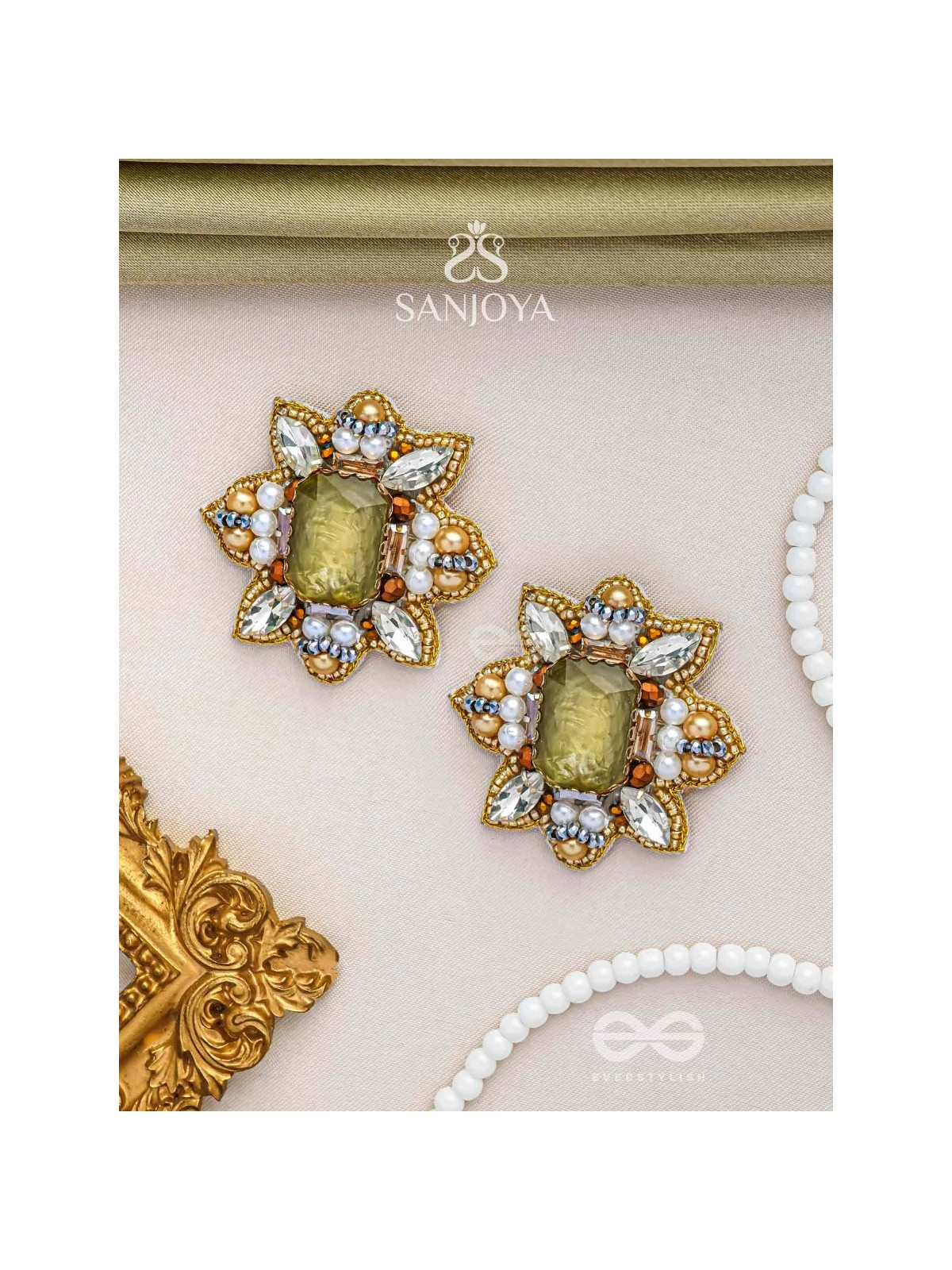 Dyauta -  Star Like Glow - Stone And Beads Hand Embroidered Stud Earrings