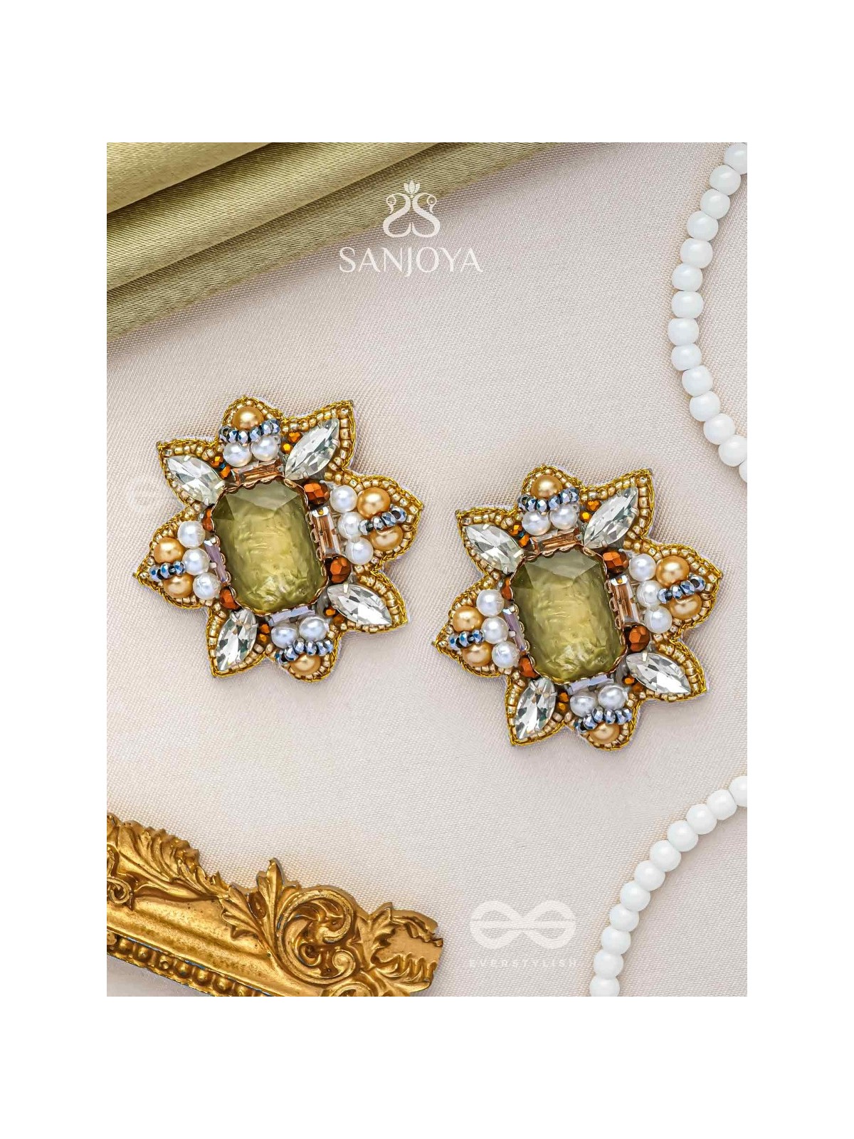 Dyauta -  Star Like Glow - Stone And Beads Hand Embroidered Stud Earrings