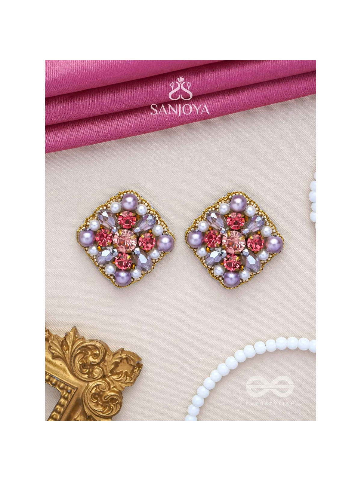AMANITA - THE HUMBLE GRACE - STONE, BEADS AND PEARLS EMBROIDERED STUD EARRINGS 