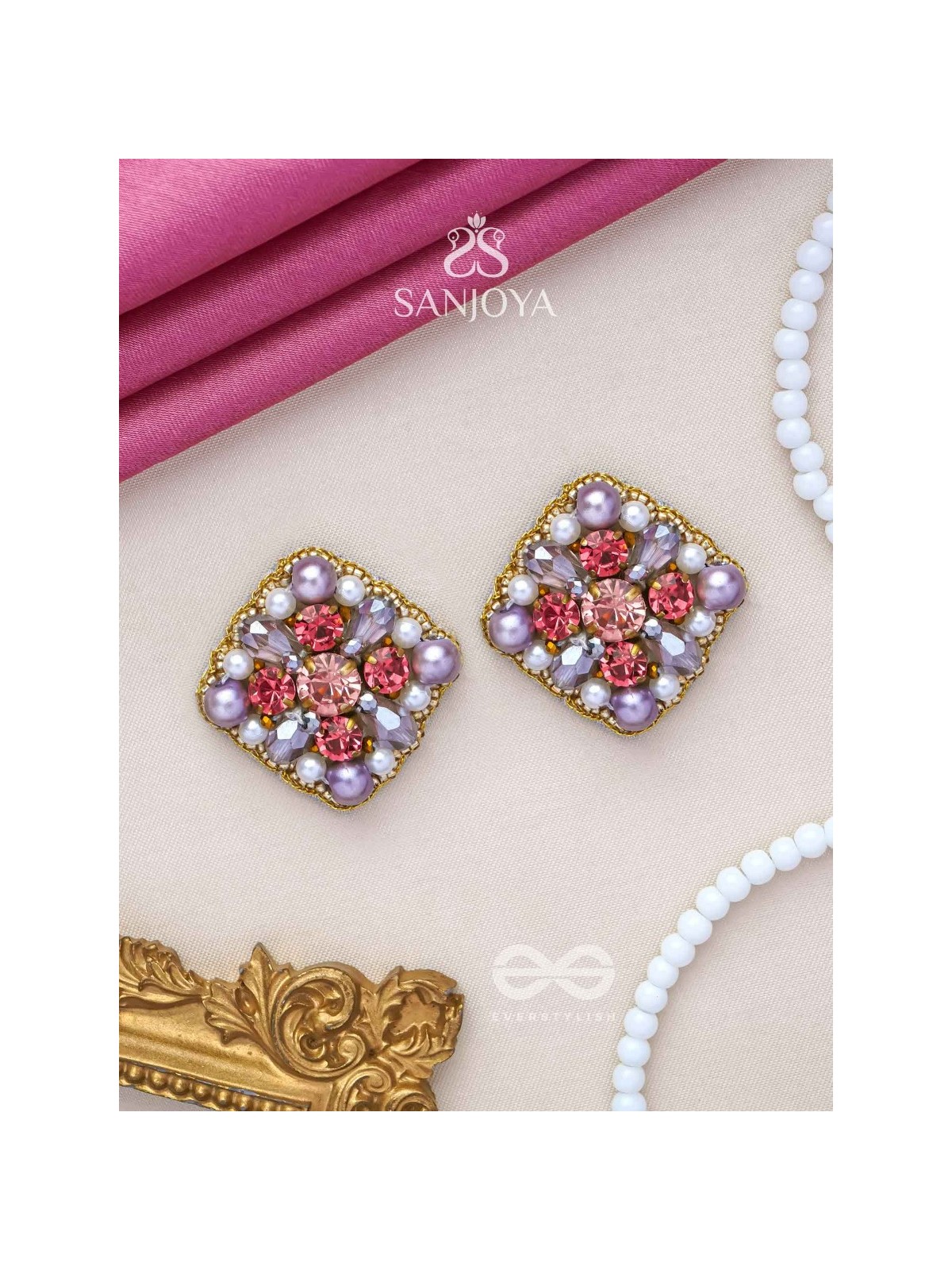 AMANITA - THE HUMBLE GRACE - STONE, BEADS AND PEARLS EMBROIDERED STUD EARRINGS 