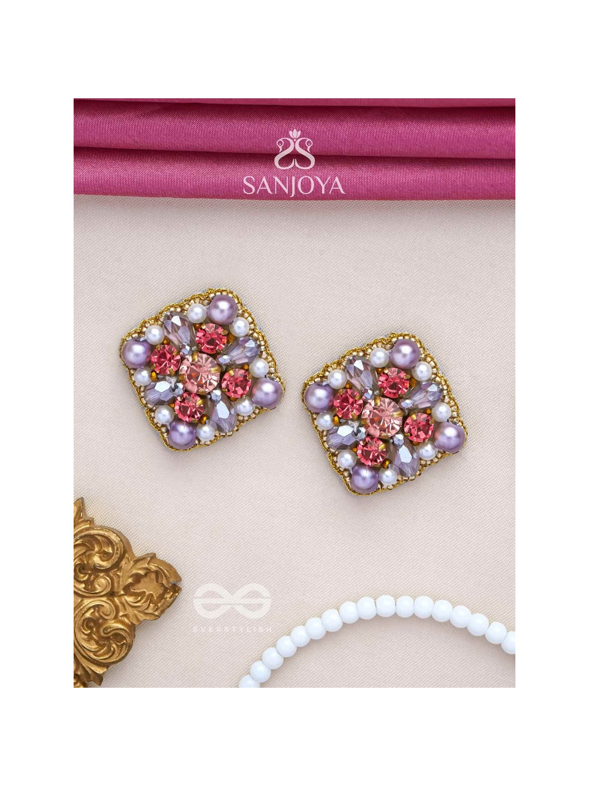 AMANITA - THE HUMBLE GRACE - STONE, BEADS AND PEARLS EMBROIDERED STUD EARRINGS 