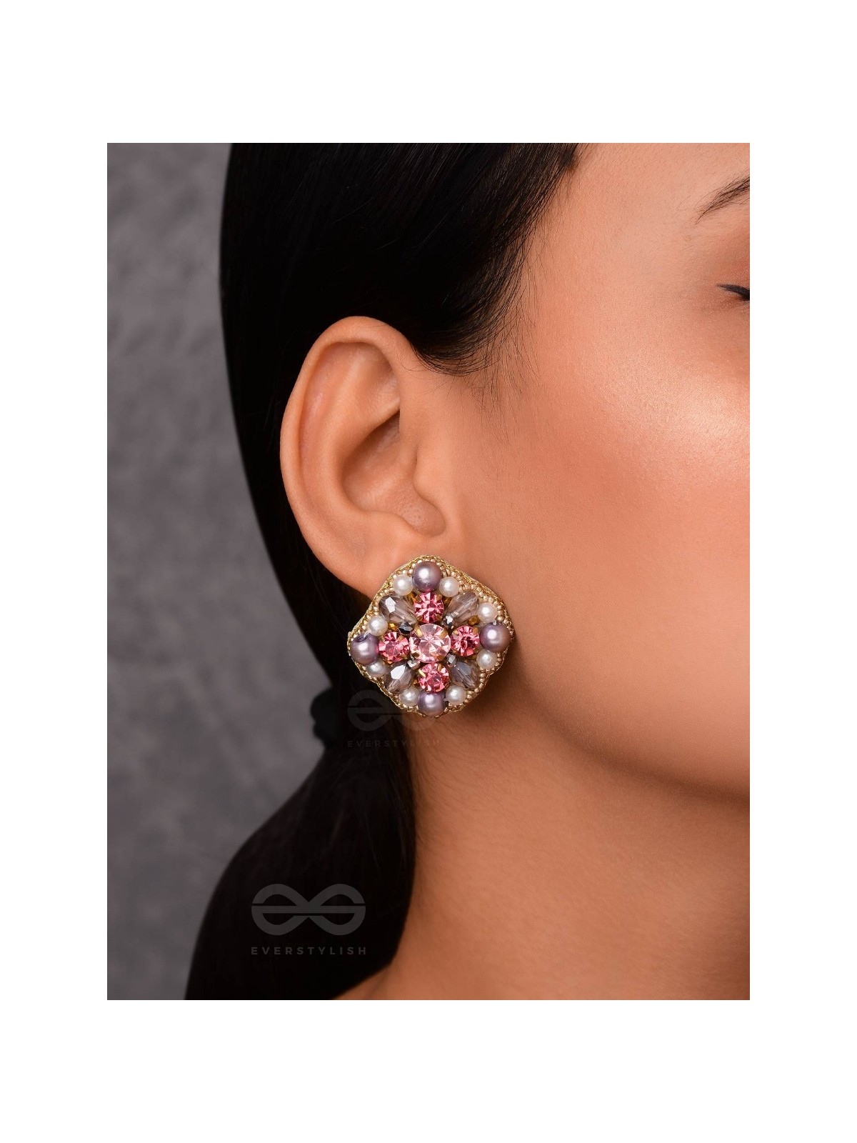 AMANITA - THE HUMBLE GRACE - STONE, BEADS AND PEARLS EMBROIDERED STUD EARRINGS 