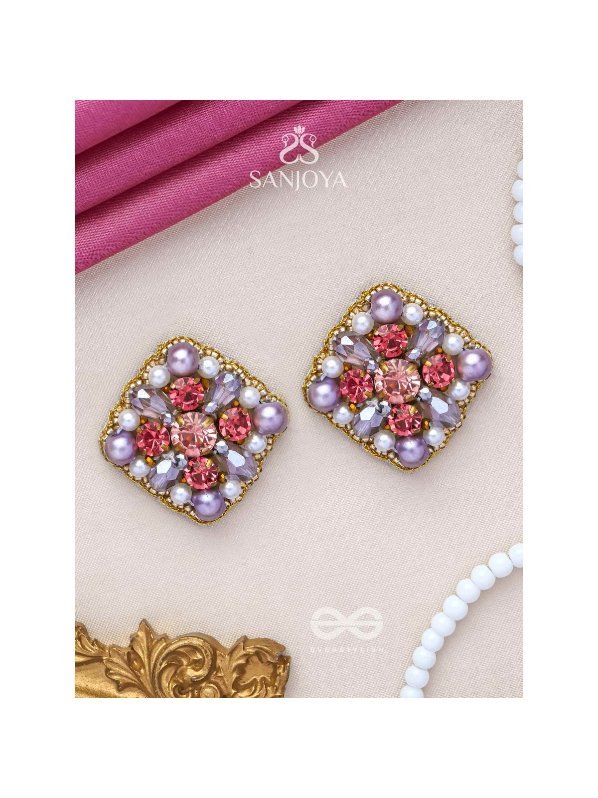 AMANITA - THE HUMBLE GRACE - STONE, BEADS AND PEARLS EMBROIDERED STUD EARRINGS 