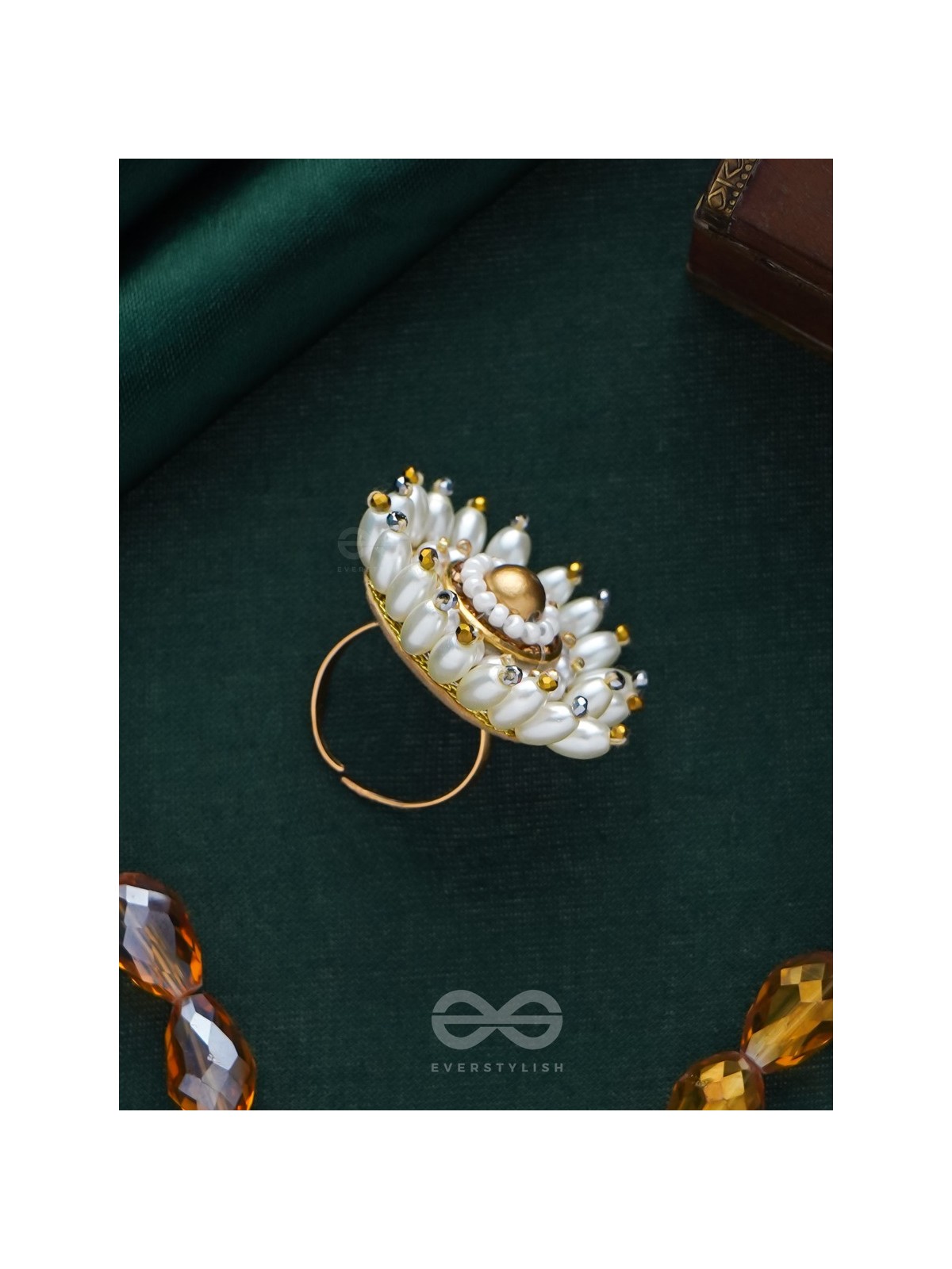 MOTISHOBHINI - THE PEARL RADIANCE - PEARLS AND BEADS EMBROIDERED RING (WHITE & GOLDEN)