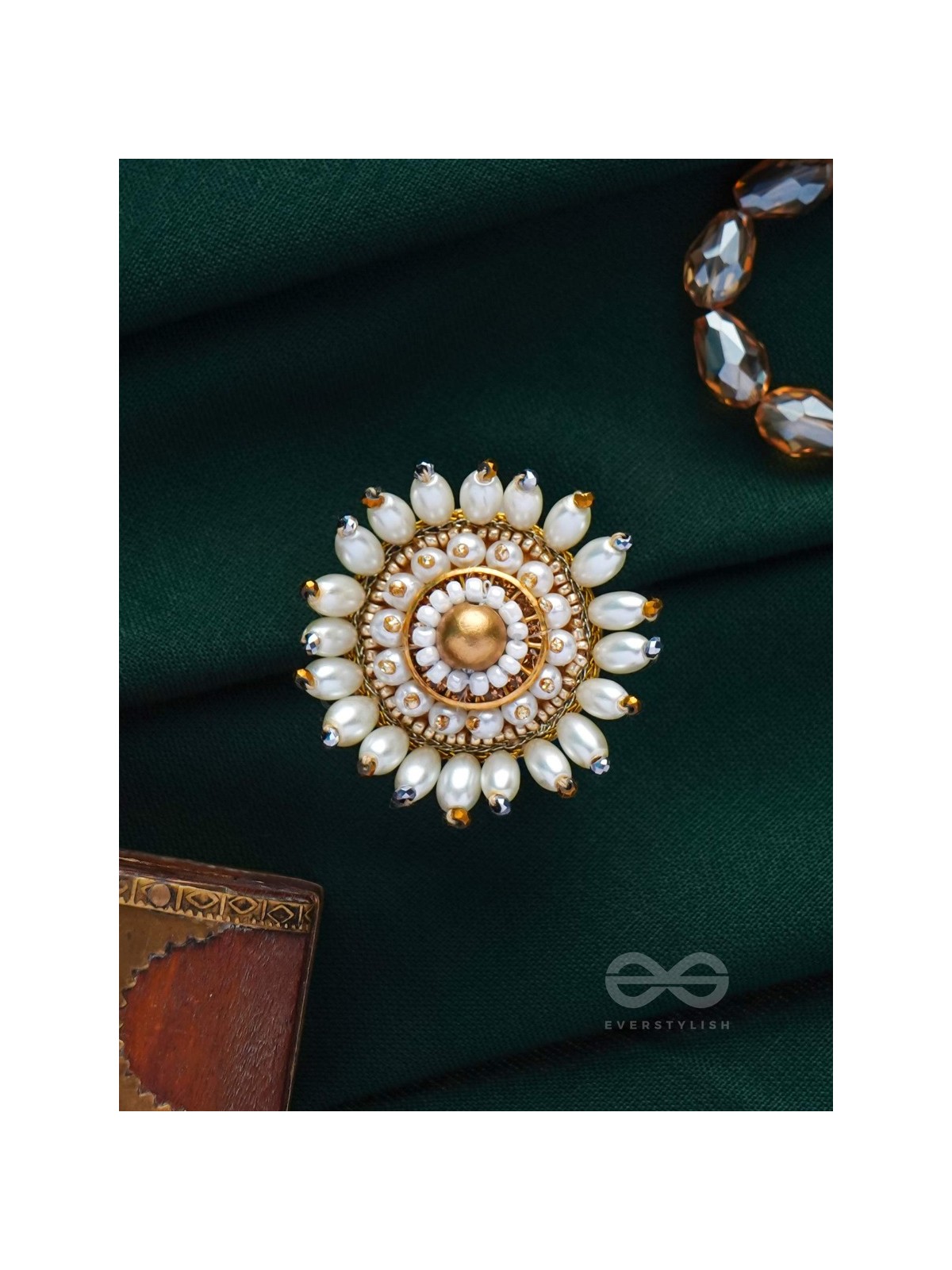 MOTISHOBHINI - THE PEARL RADIANCE - PEARLS AND BEADS EMBROIDERED RING (WHITE & GOLDEN)