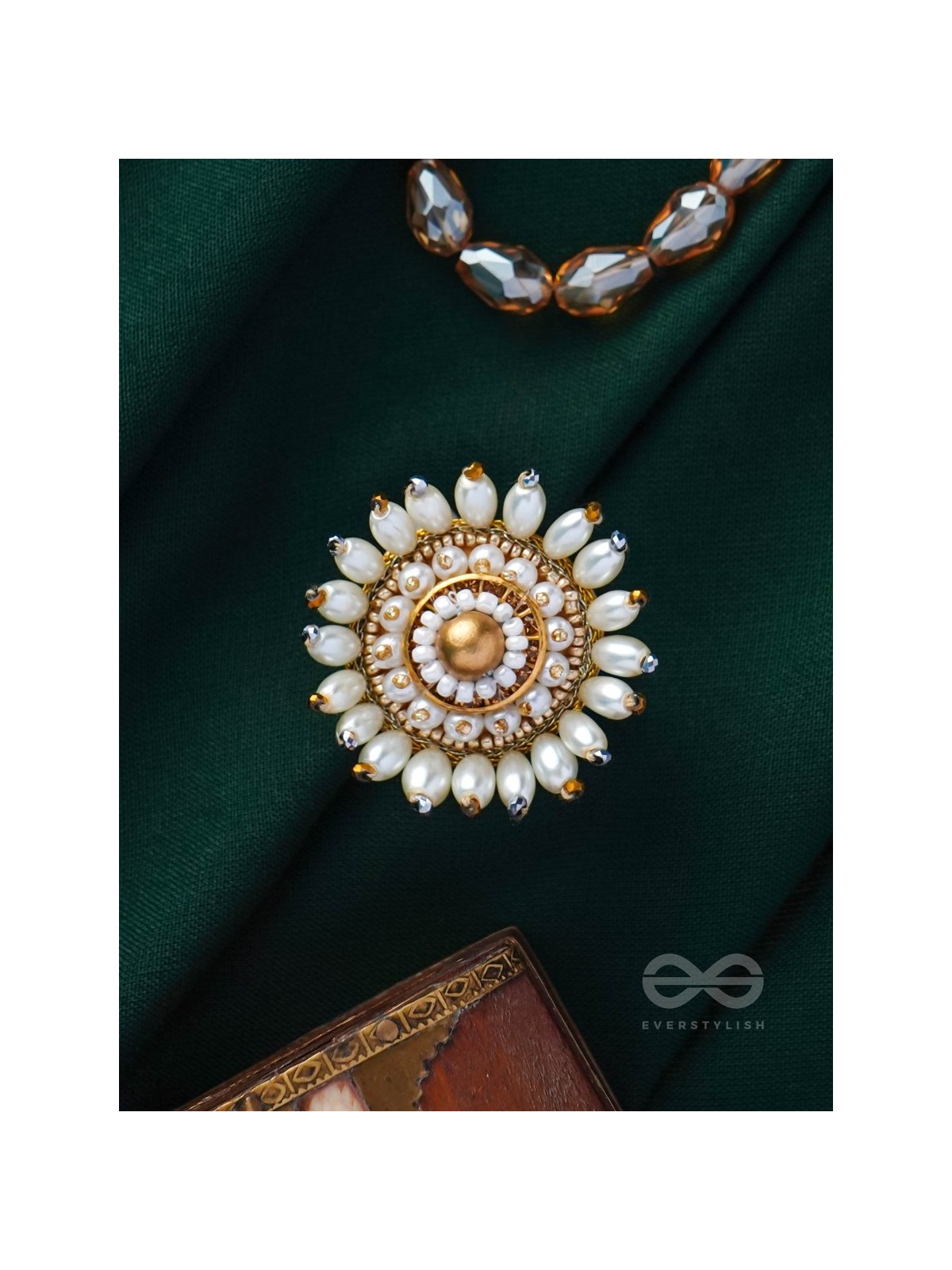 MOTISHOBHINI - THE PEARL RADIANCE - PEARLS AND BEADS EMBROIDERED RING (WHITE & GOLDEN)