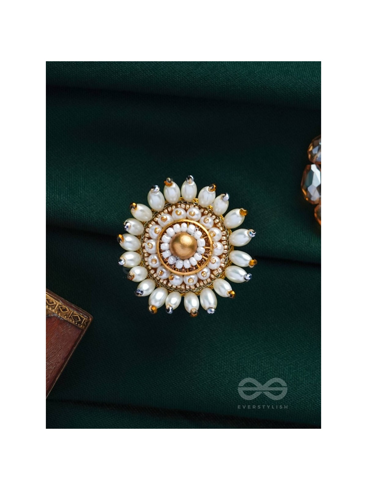 MOTISHOBHINI - THE PEARL RADIANCE - PEARLS AND BEADS EMBROIDERED RING (WHITE & GOLDEN)