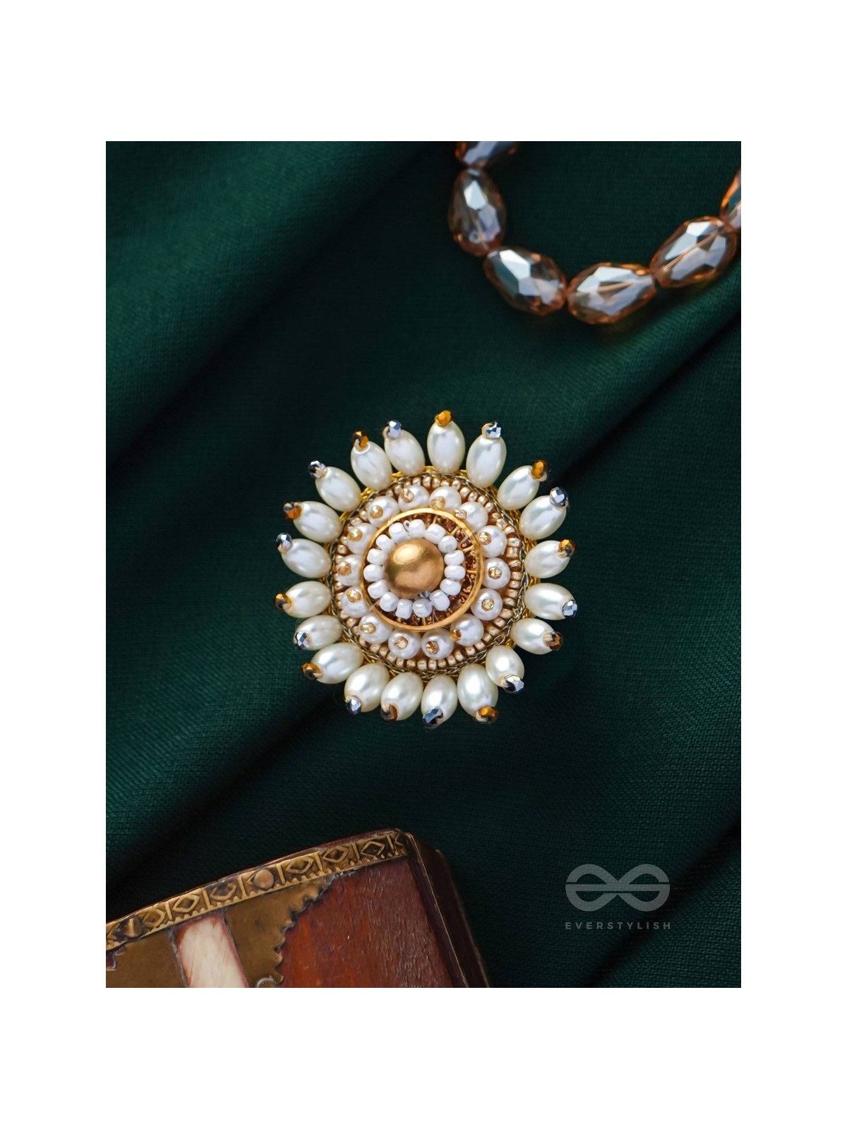 MOTISHOBHINI - THE PEARL RADIANCE - PEARLS AND BEADS EMBROIDERED RING (WHITE & GOLDEN)