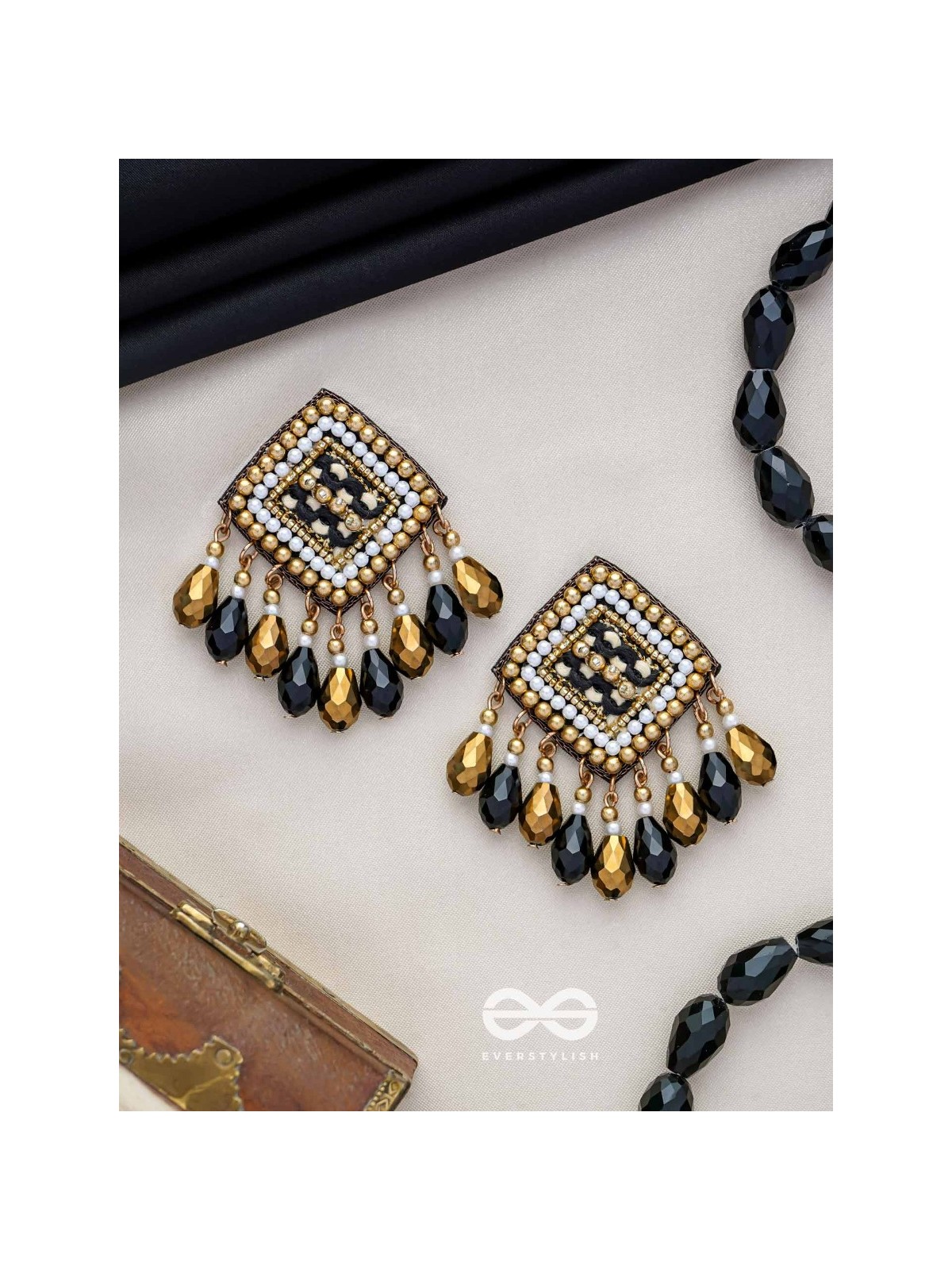 Kamagni - Fire Of Passion - Beads, Resham And Glass Drops Hand Embroidered Earrings (Black & Golden)