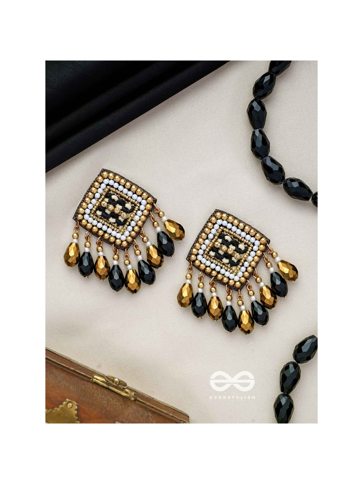 Kamagni - Fire Of Passion - Beads, Resham And Glass Drops Hand Embroidered Earrings (Black & Golden)