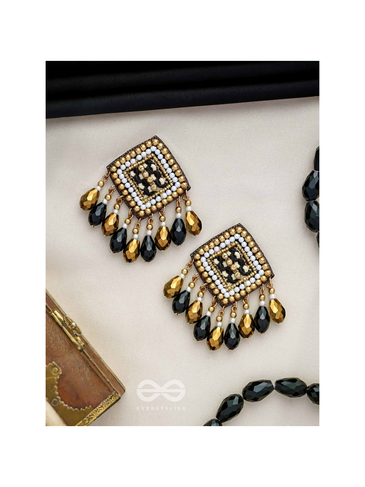 Kamagni - Fire Of Passion - Beads, Resham And Glass Drops Hand Embroidered Earrings (Black & Golden)