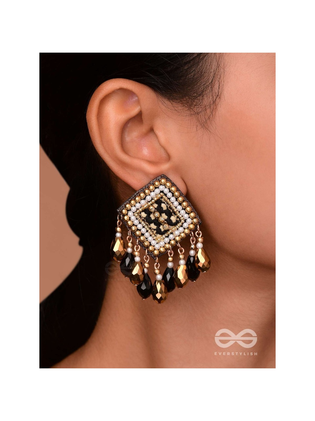 Kamagni - Fire Of Passion - Beads, Resham And Glass Drops Hand Embroidered Earrings (Black & Golden)