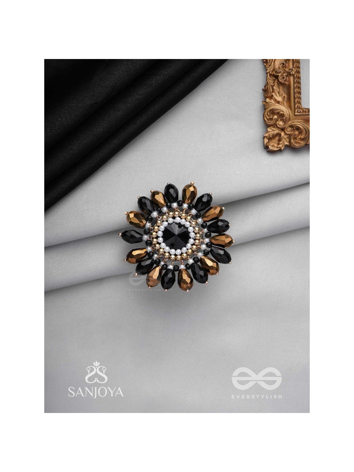 Aralu - Flower In Bloom - Beads, Stone And Glass Drops Hand Embroidered Adjustable Ring (Black & Golden)