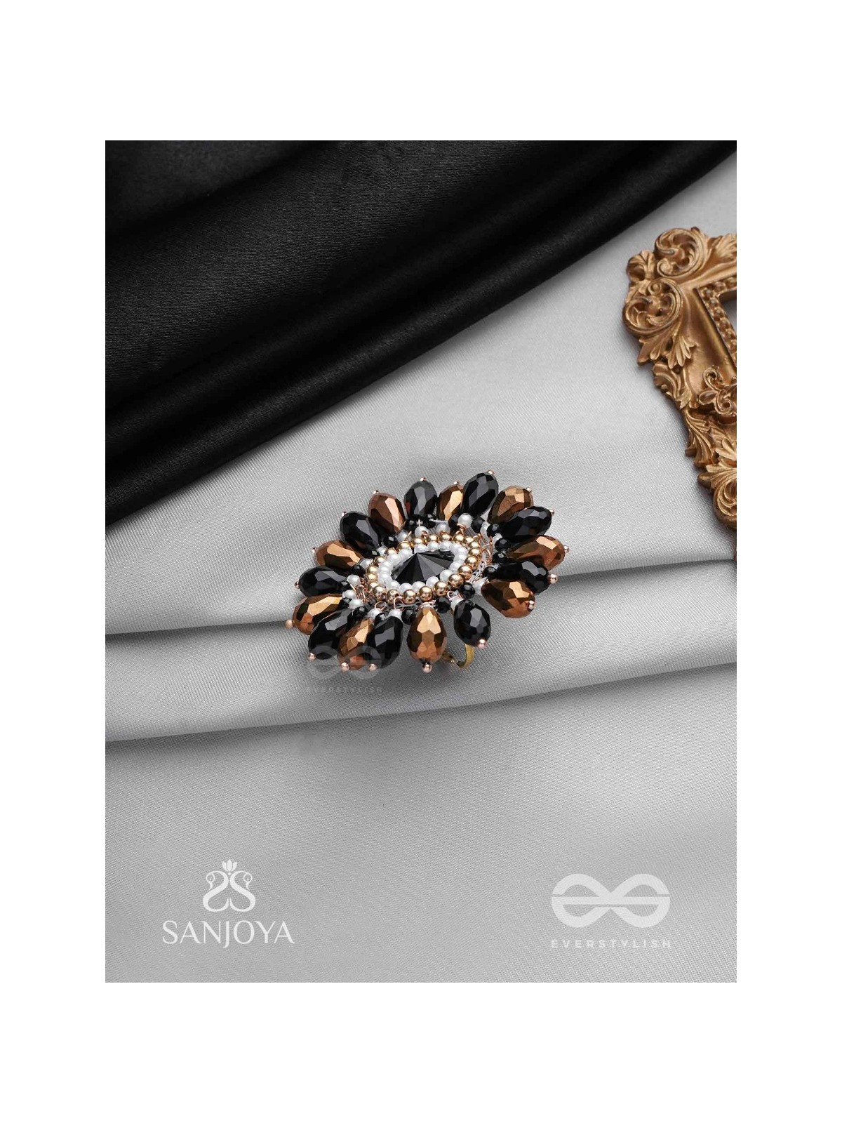 Aralu - Flower In Bloom - Beads, Stone And Glass Drops Hand Embroidered Adjustable Ring (Black & Golden)